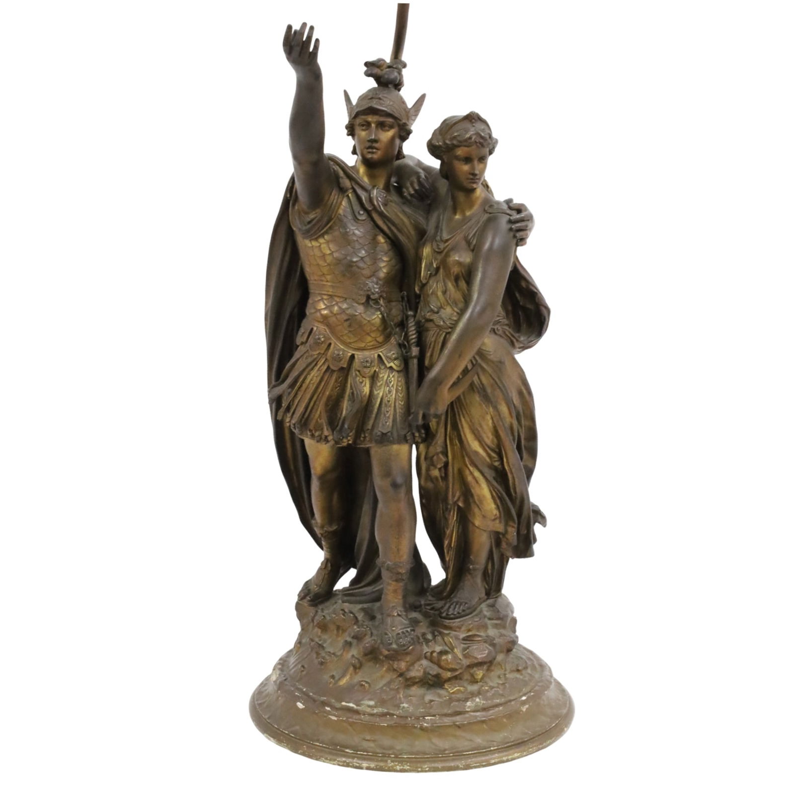 JEAN-LOUIS GREGOIRE, ORESTES AND IPHIGENIA: Bronze sculpture of the Greek mythological characters Orestes & Iphigenia, a model by Jean-Louis Gr?goire (French, 1840-1890), signed at lower, now mounted to composite plinth and electrified as lamp,