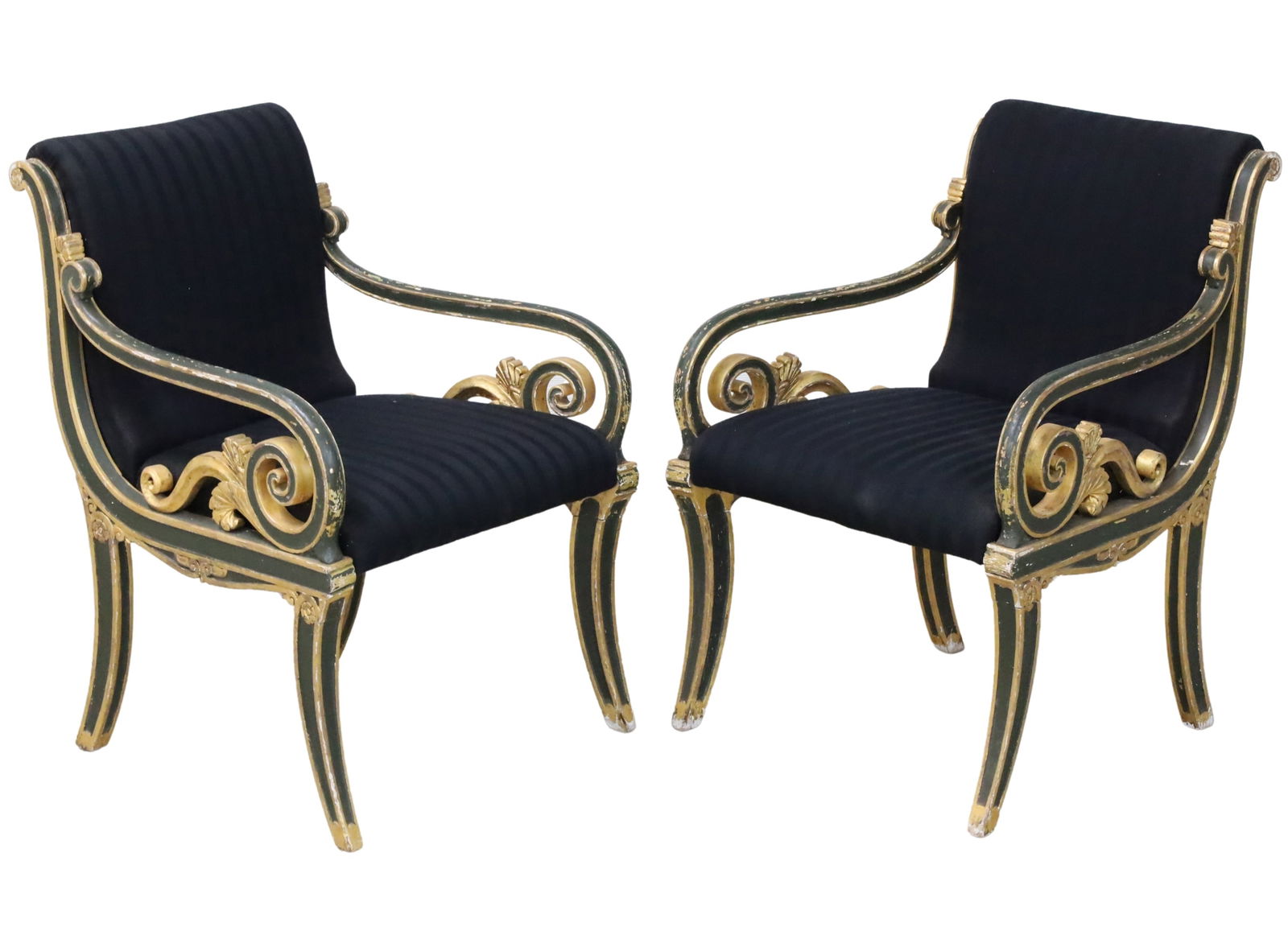 PR OF ANTIQUE FRENCH REGENCY STYLE FAUTEUILS: Pair of antique French Regency style polychrome and carved gilt wood fauteuils, 19th C.; condition: losses to paint, gesso and gold leaf; 34"H 24"W 18"D