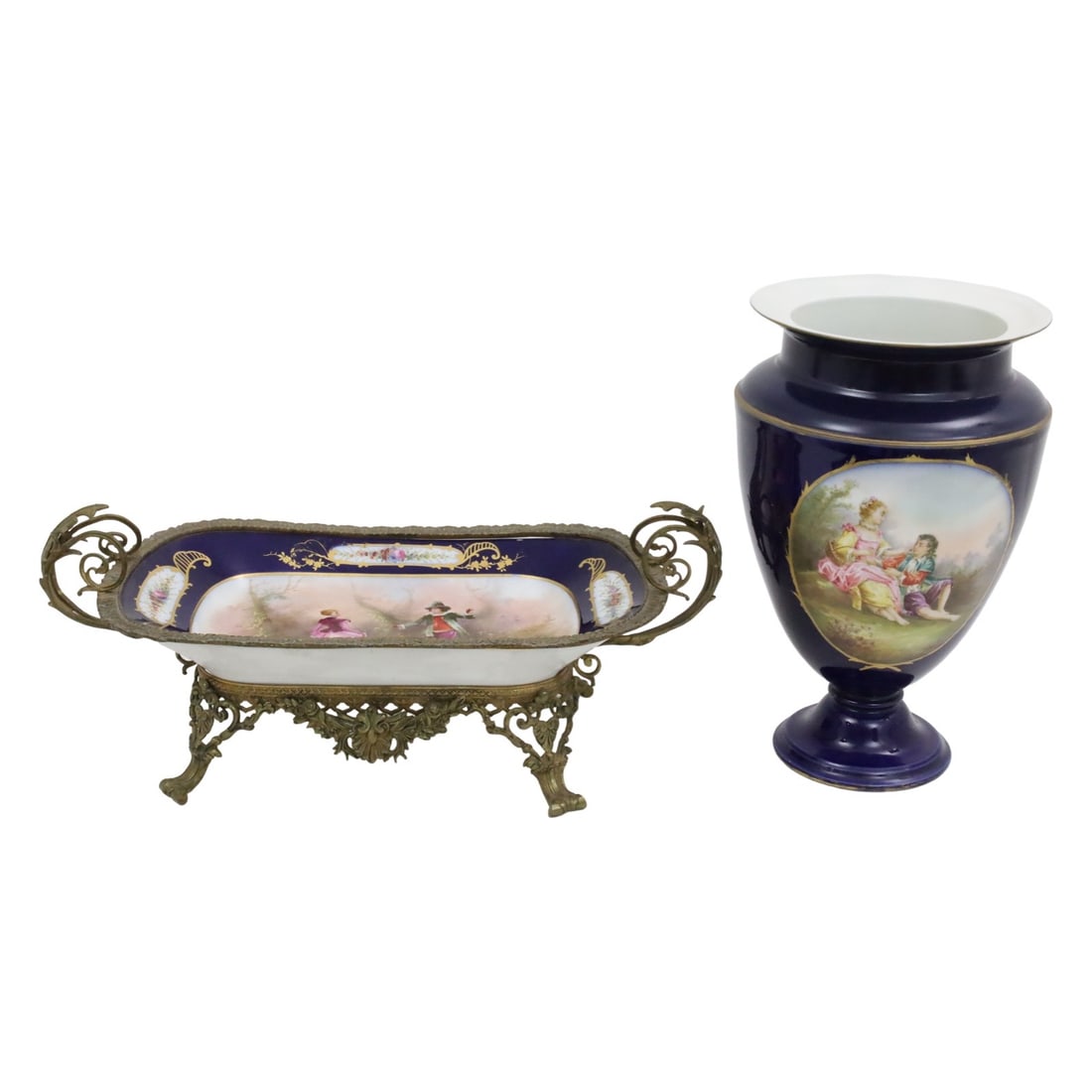 2PC LOT OF FRENCH COBALT PORCELAIN: Two piece lot French cobalt porcelain, in the style of Sevres, including a bronze mounted double handle footed tray having hand painted courting scene reserve signed A. Nicot, verso having interlaced