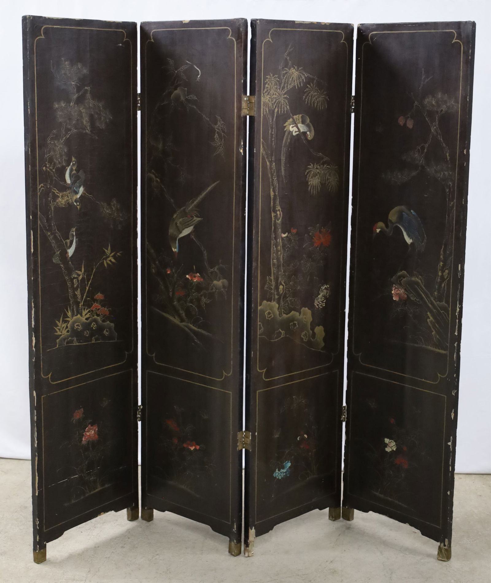 CHINESE BLACK LACQUER 4 PANEL SCREEN - 6