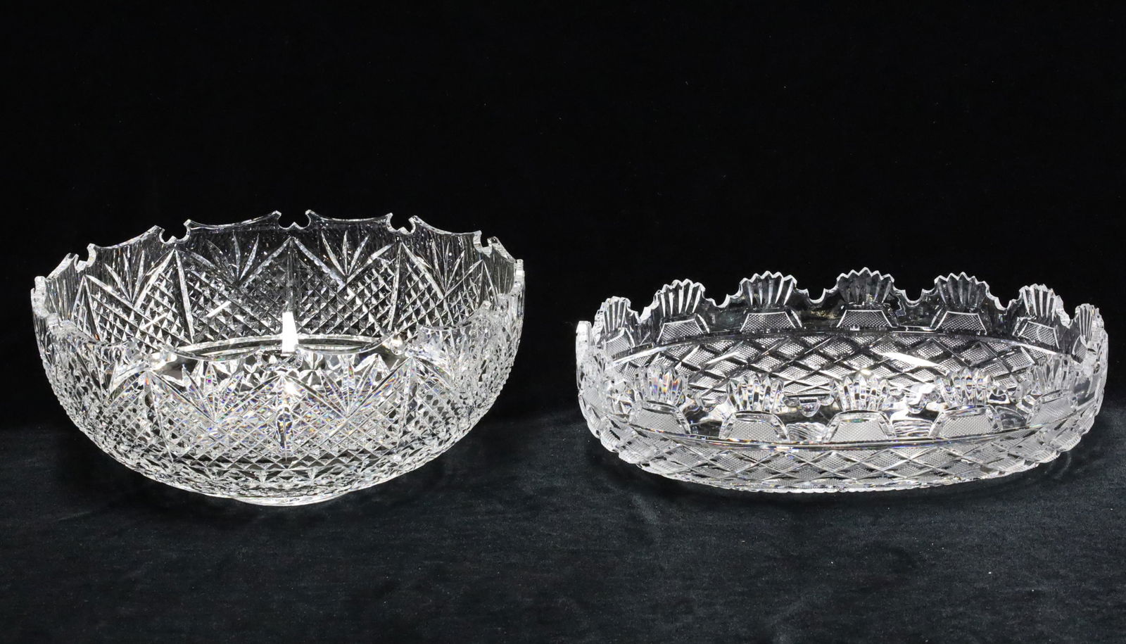 TWO WATERFORD CRYSTAL SPECIAL COLLECTION BOWLS: Two Waterford crystal bowls, including a Prestige Collection Kennedy oval serving bowl along with a Master Cutter collection bowl, incised Waterford by artist, both stamped Waterford; 13.5" and 12" Di