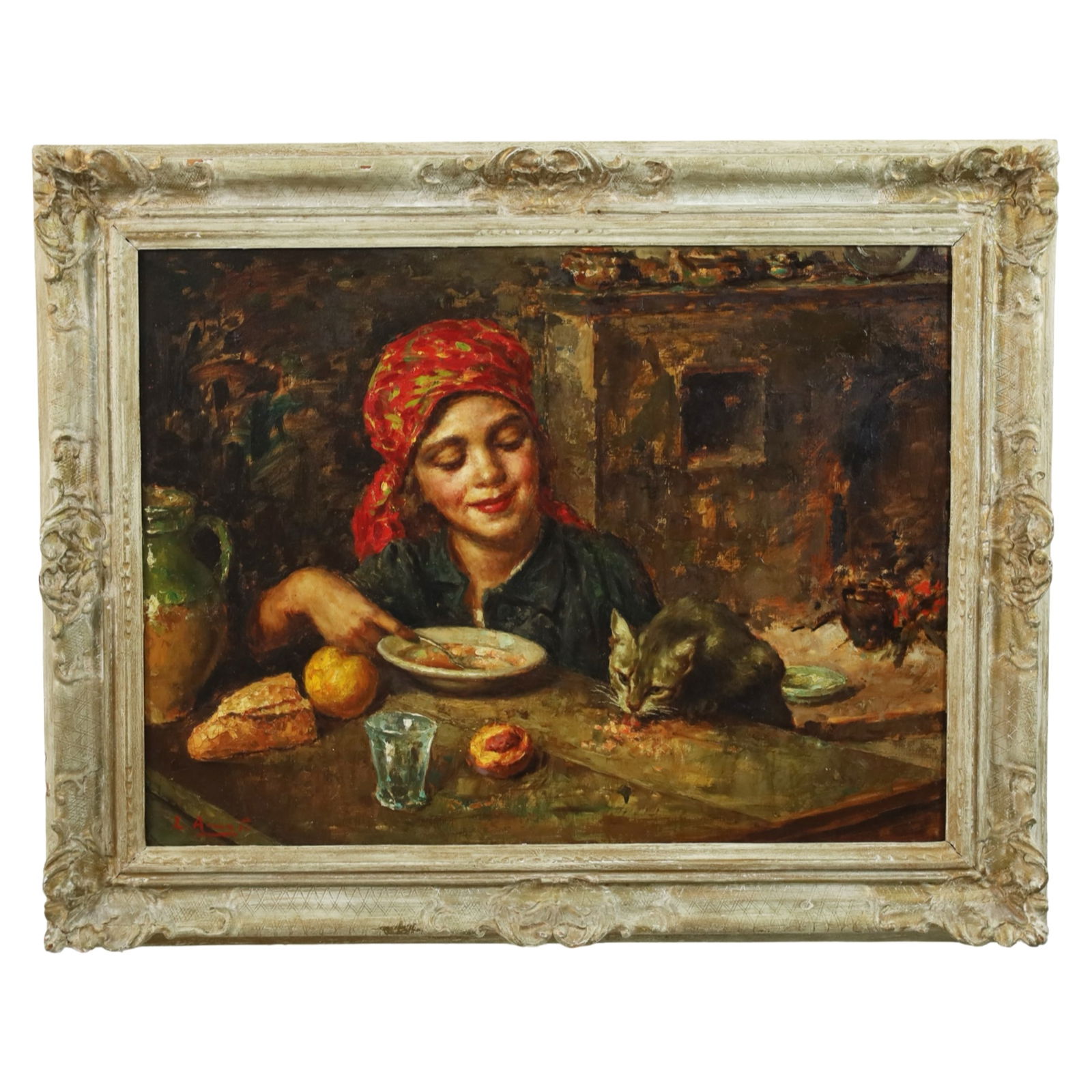 ***SIGNED O/C INTERIOR SCENE PTG: Oil on canvas interior scene painting depicting a young girl seated at the dinner table admiring the family cat, signed lower left L. Amor? early 20th century;