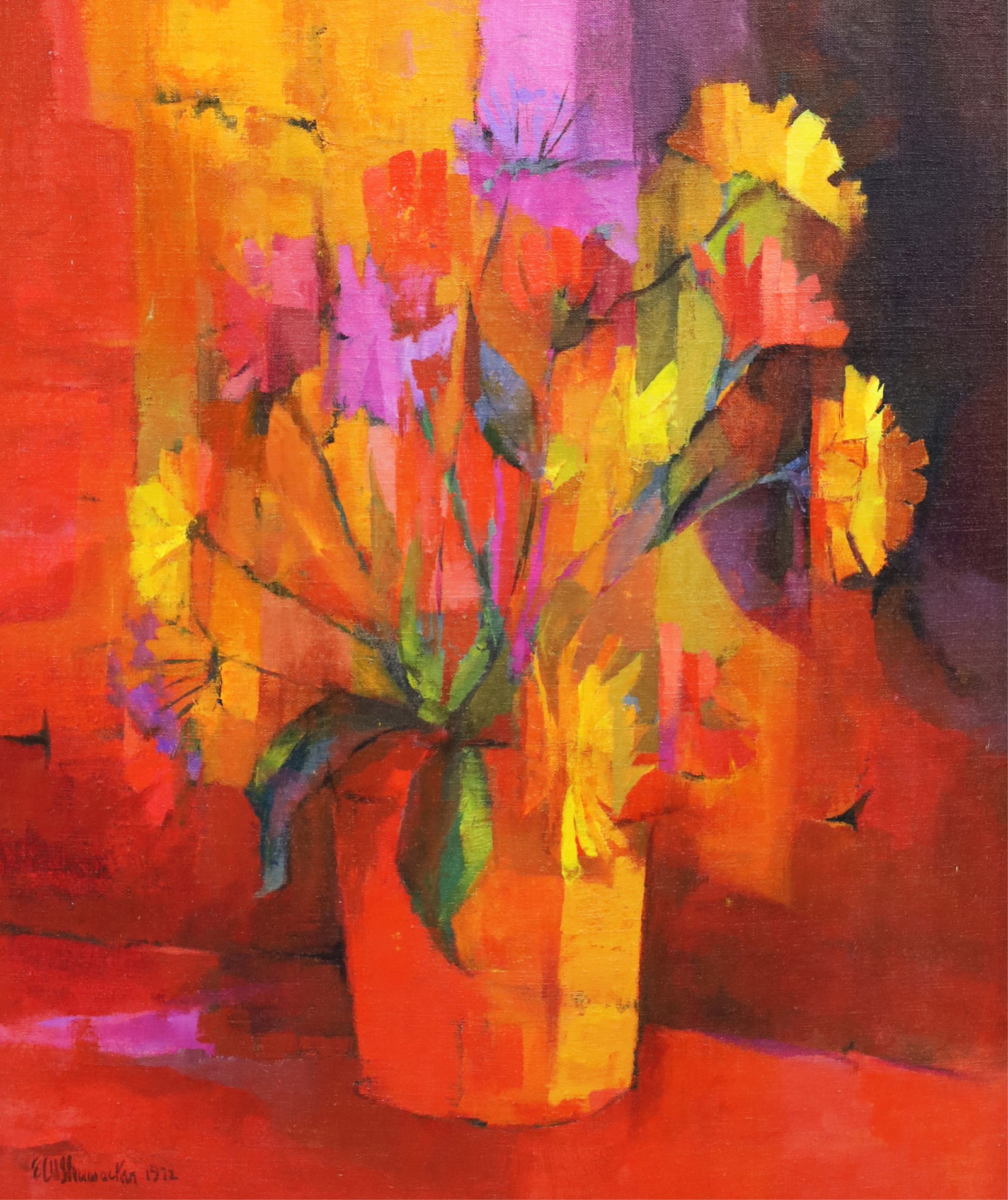ELIZABETH SHUMACKER (TENNESSEE, 1912-1993): Oil on board abstract still life painting of flowers in a vase, signed E.W. Shumacker, 1972. Elizabeth Wight Shumacker (Tennessee, 1912-1933) was one of the first art graduates from the University of