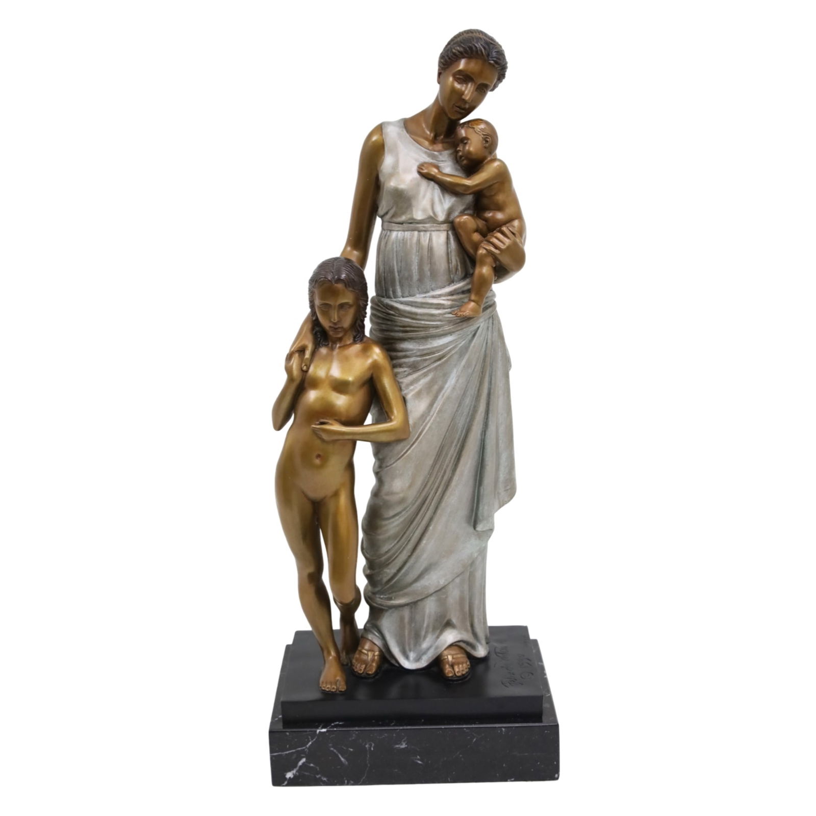 FELIX DE WELDON, MATERNITY: Bronze sculpture of a mother and her children titled "Maternity" by Felix de Weldon (American, 1907-2003) signed on plinth and numbered 118/250, resting on black marble plinth, accompanied by artist c