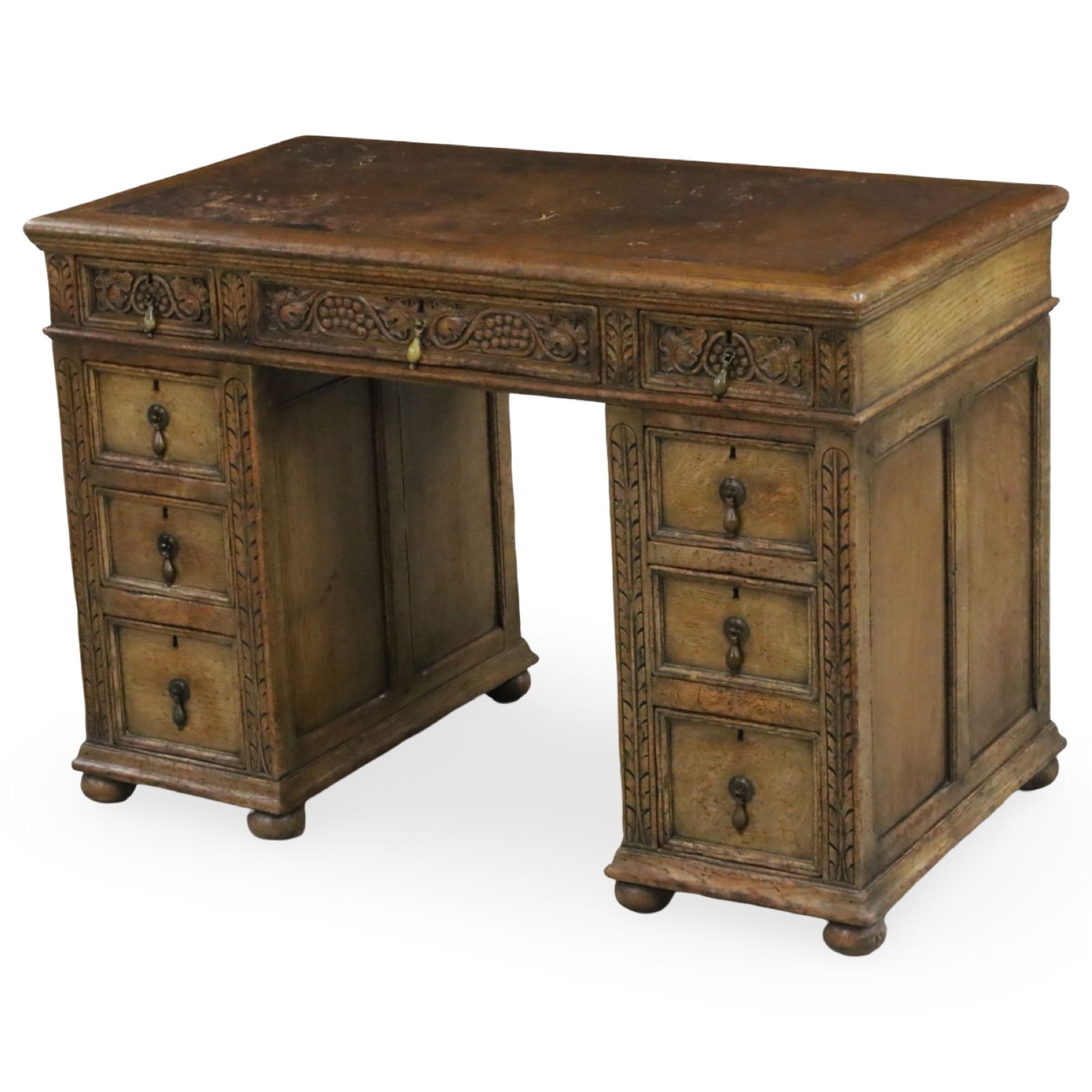 ENGLISH CARVED OAK PEDESTAL DESK (1 of 5)