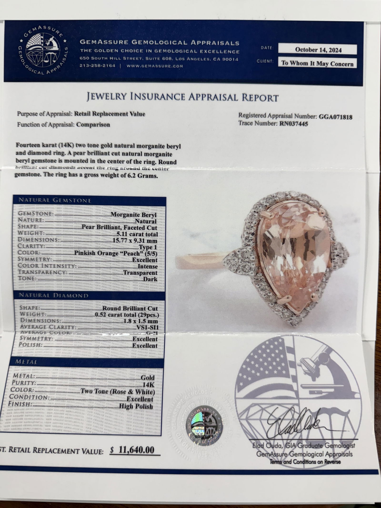 14K MORGANITE 5.11CT RING - 6