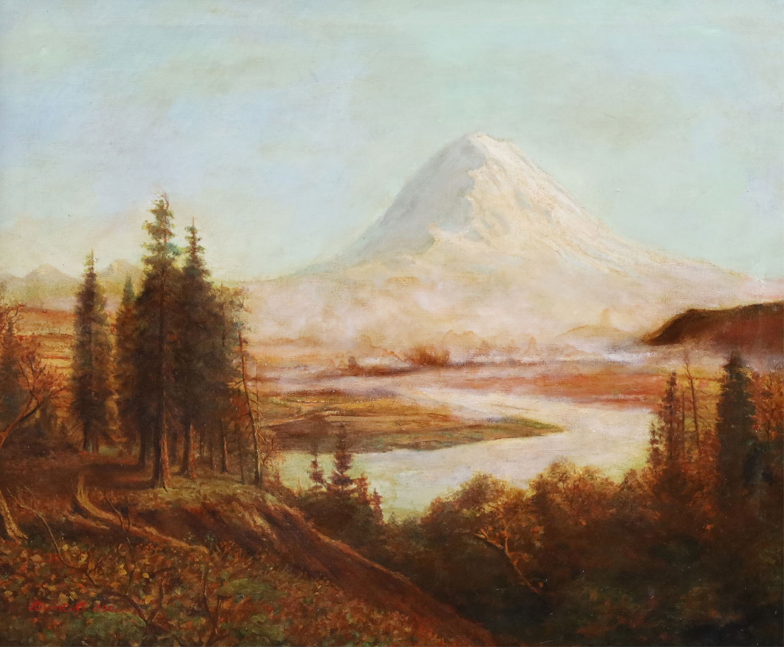 MOUNT ST. HELENS, AFTER ALBERT BIERSTADT: Oil on canvas landscape painting depicting majestic Mount Saint Helens towering above the Columbia River, a study after the 1889 work by Albert Bierstadt, bearing his signature lower left, early 20th
