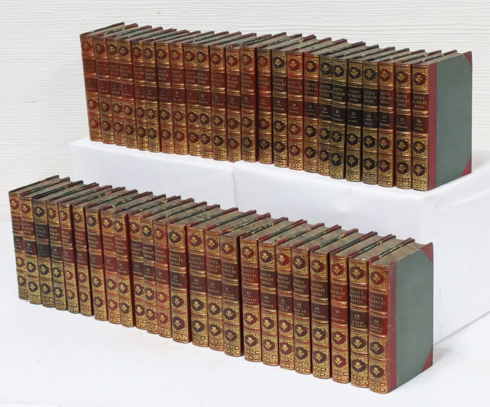 47PC L/B BOOKS, WAVERLY NOVELS, 1820: Forty seven piece near complete set of leather bound books, half calf with marbled foredge, 47 of 48 volumes of the Waverly Novels, 1820, Cadell and Company, Edinburgh