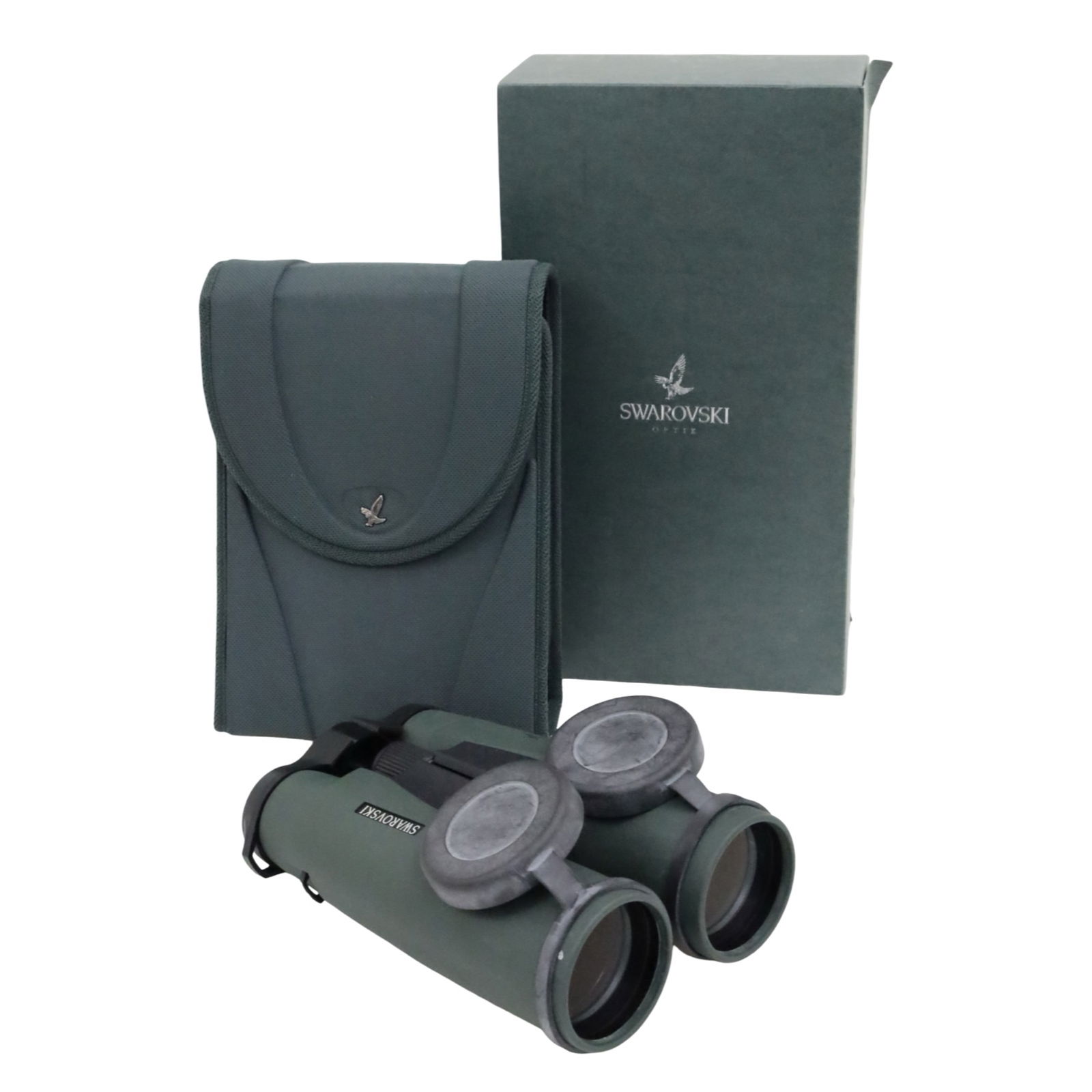 SWAROVSKI OPTIK BINOCULARS: Swarovski Optik binoculars, a complete set with original carrying case, box, papers, and additional cleaning kit; binoculars 8.5"L, box 12.5" x 8"