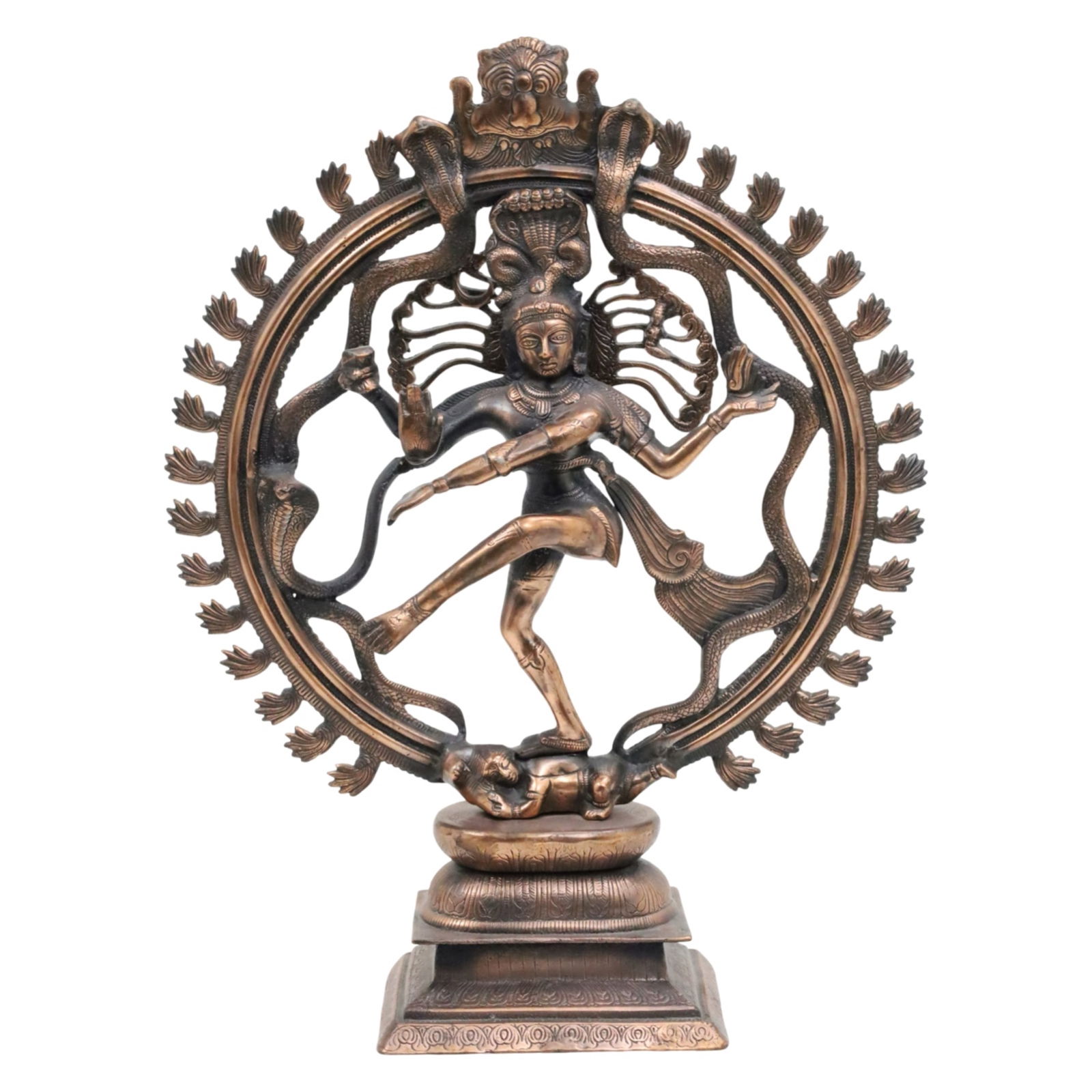 BRASS SCULPTURE OF SHIVA NATAJARA: Brass sculpture of the Hindu god Shiva as Natajara, the cosmic dancer, shown dancing within a ring of flames, which represents the cycle of time, the imagery symbolizing the eternal cycle of