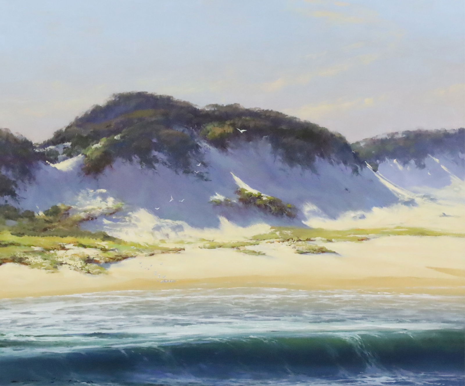 SIGNED O/B COASTAL SCENE PTG: Oil on board coastal scene painting, signed lower left, mounted in silver gilt frame, 20th century; board 31"H 36.5"W overall 41"H 46.5"W