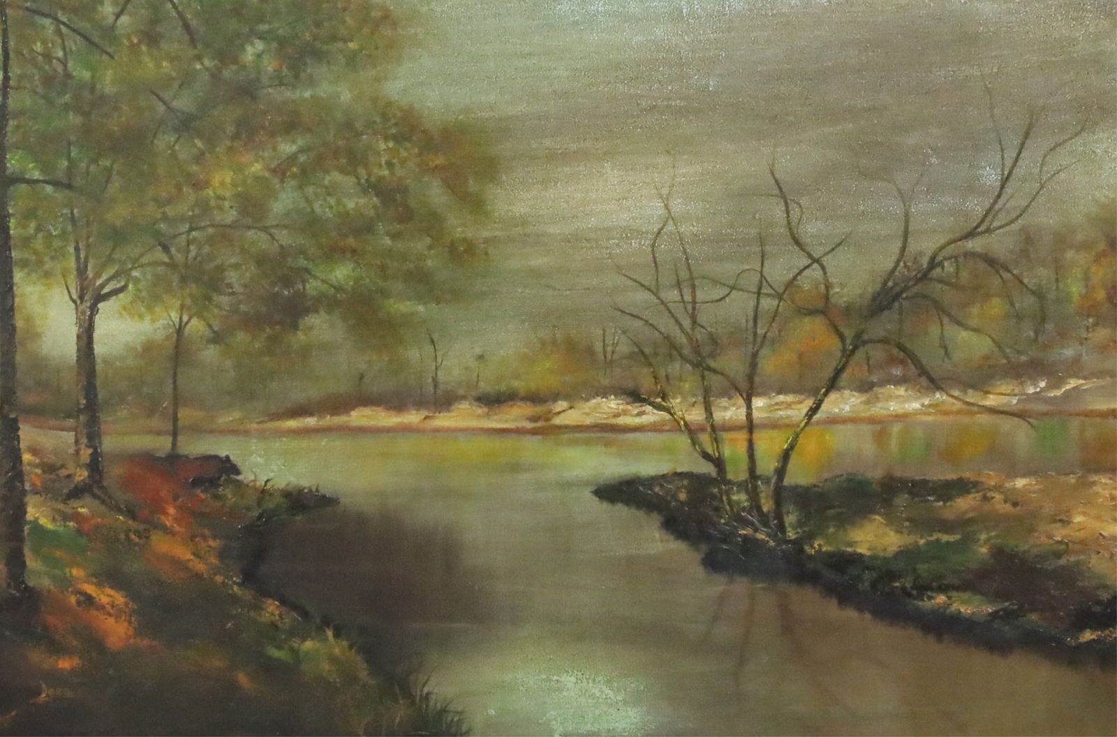SIGNED OIL ON CANVAS LANDSCAPE PAINTING: Oil on canvas landscape painting depicting a fork in a woodland river, signed Dera lower left, 20th century; 34"H 46"W overall