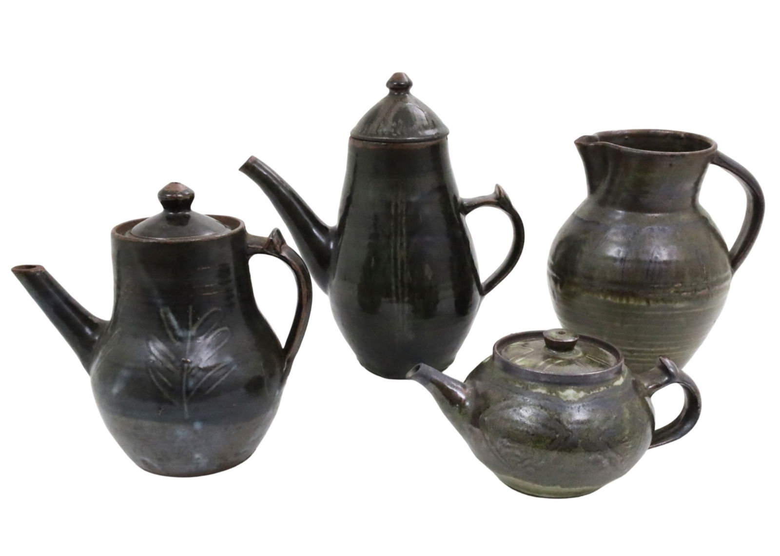 4 SIGNED ABUJA POTTERY VESSELS: Group of four African drip glaze earthenware pottery, Abuja school, Nigeria, consisting of water pitcher and three teapots, each signed by artist with Ajami script seal; largest 11.5"H smallest 5"H; P