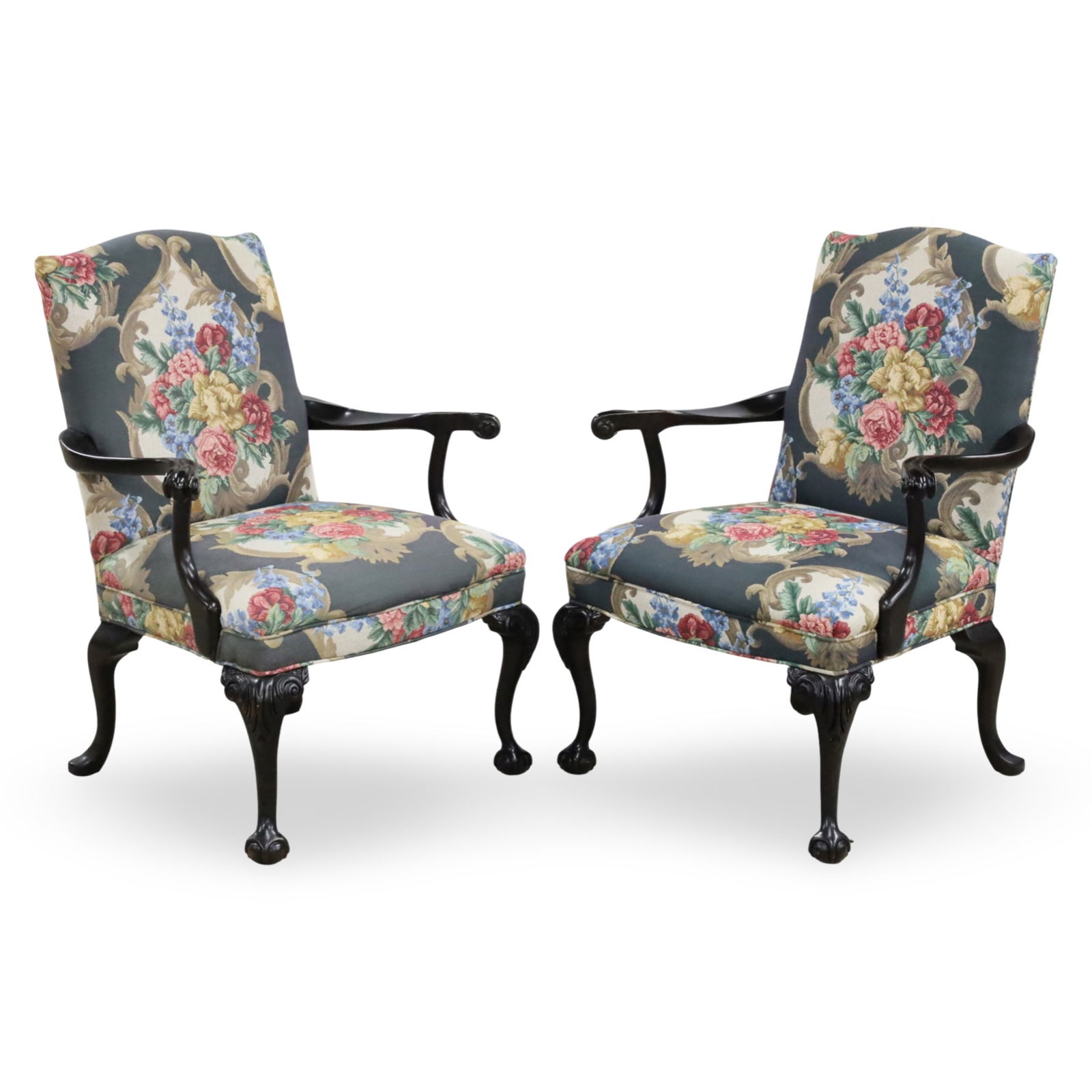 PR CHIPPENDALE STYLE ARMCHAIRS: Pair of Chippendale style armchairs with scroll arms and cabriole legs raised on ball and claw feet, early 20th century; each 41"H 32"W 32"D