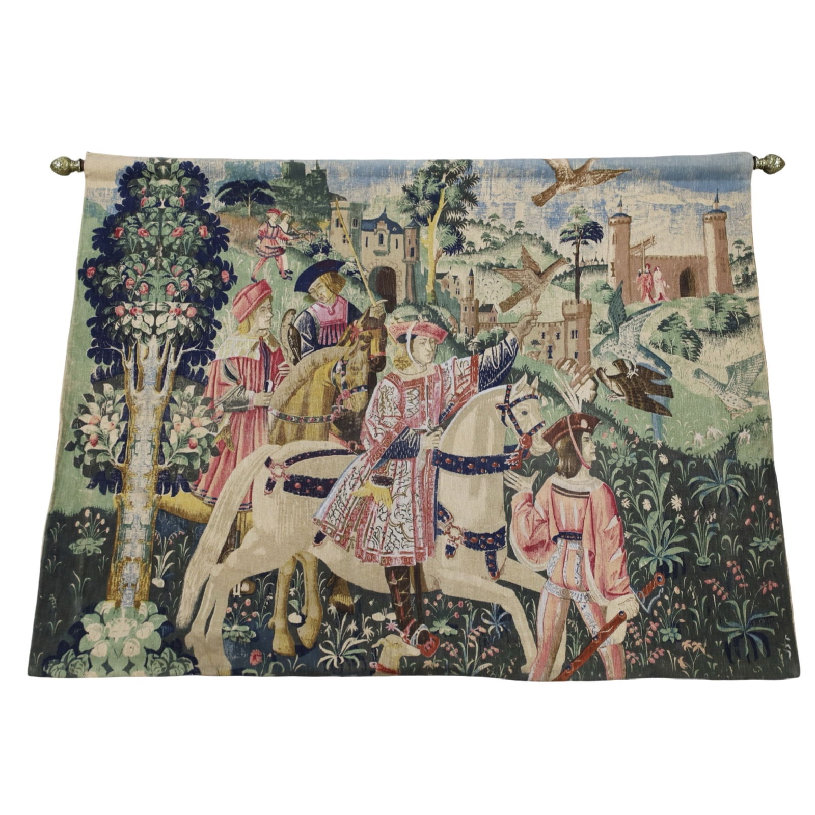 FRENCH WALL TAPESTRY, DEPART POUR LE CHASSE: French reproduction wall tapestry by Rambouillet of the famous Flemish tapestry Depart pour le Chasse, as seen as Mus?e de Cluny in Paris, France, 20th century; 54"H 70"W