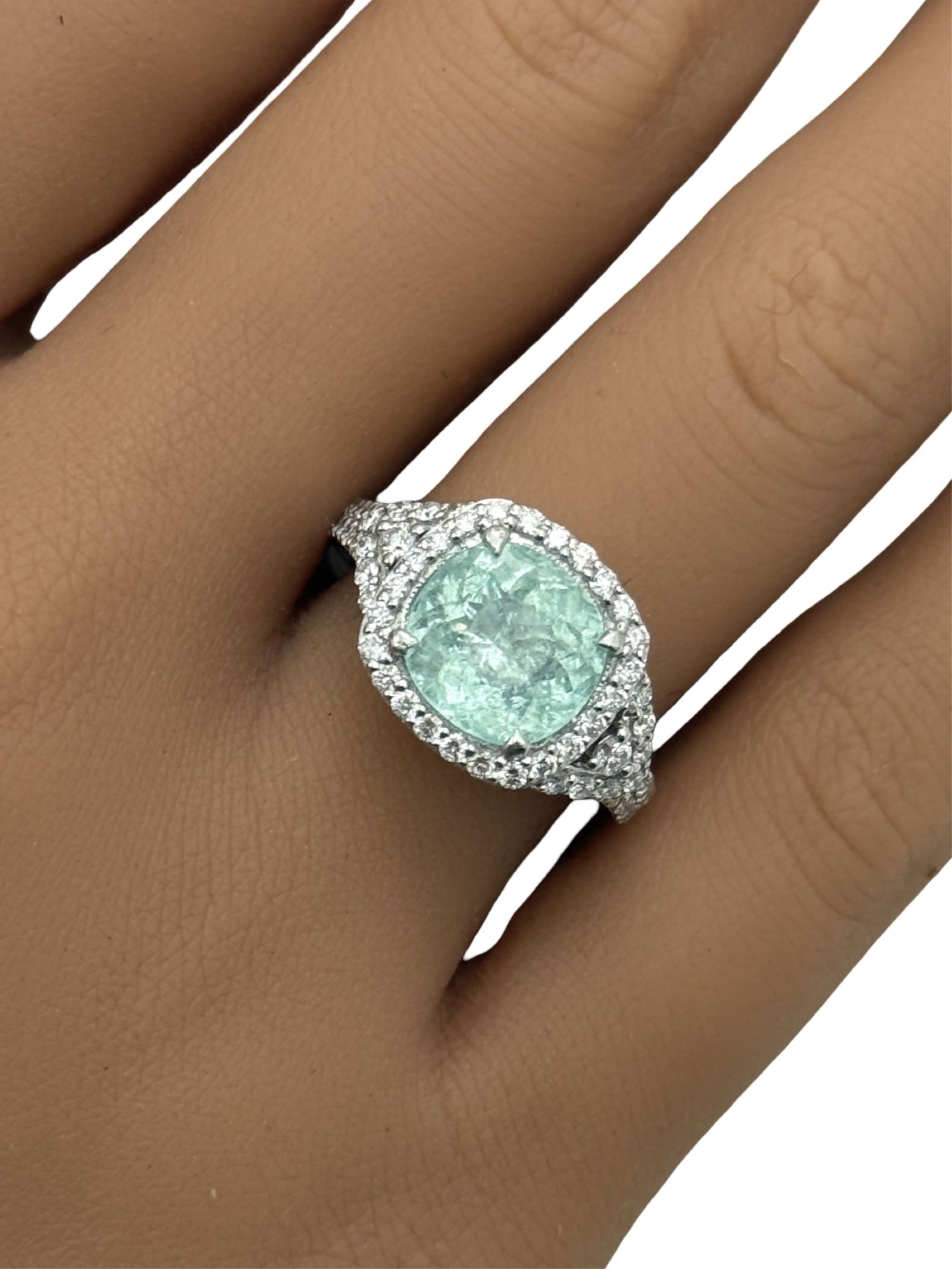 PLATINUM TOURMALINE & DIAMOND RING, GIA: Platinum natural Mozambique paraiba tourmaline and diamond ring having 2.75 cushion cut center stone and .73cts of surrounding VS1-VS2 diamonds. gross weight is 7.7grams. Please see all photos, apprai