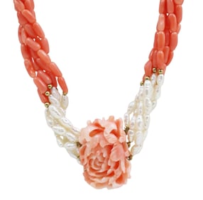 MULTI STRAND PEARL AND CORAL NECKLACE
