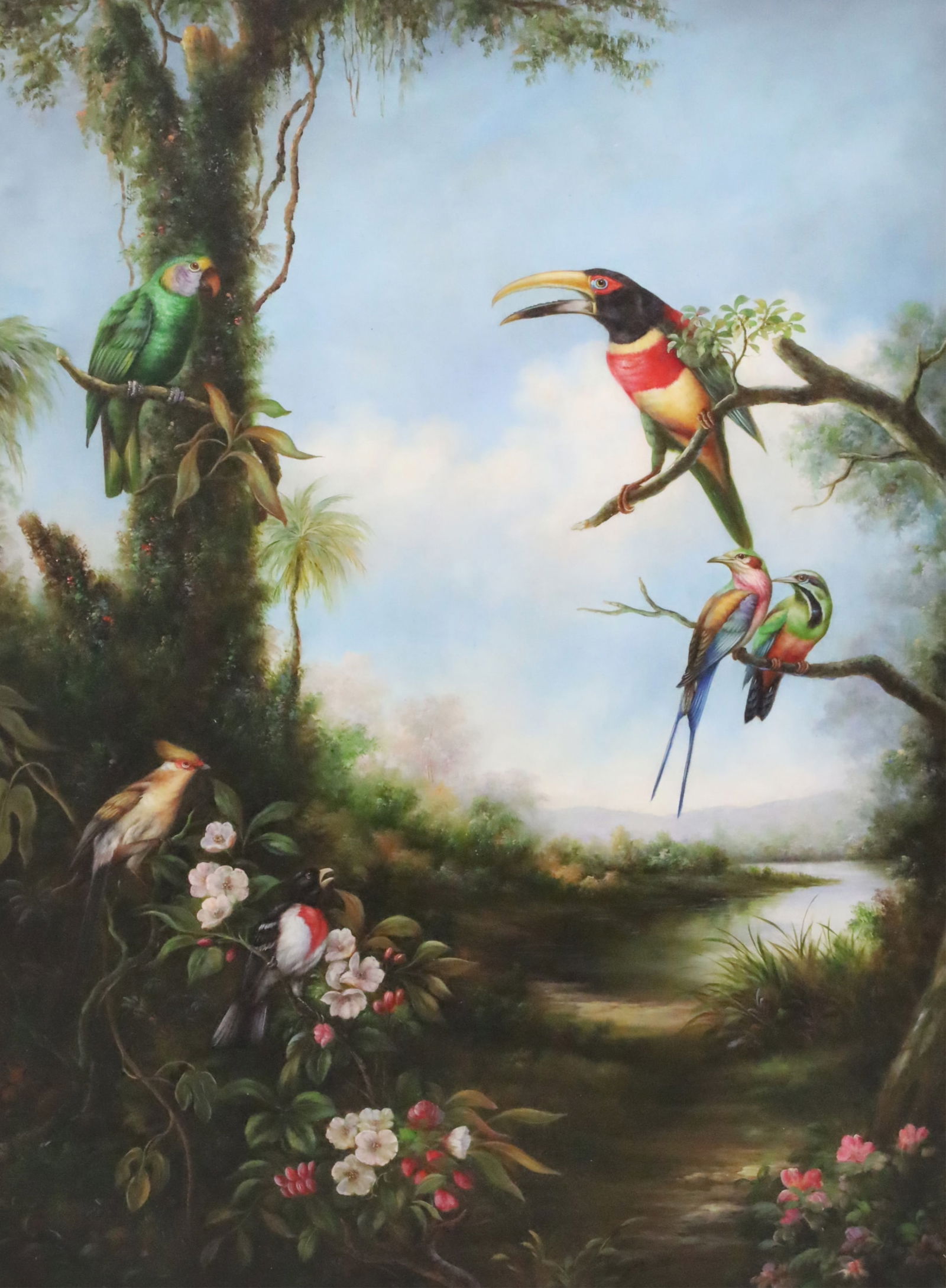 OIL ON CANVAS PAINTING, BIRDS OF PARADISE: Large oil on canvas painting depicting birds of paradise in a foliated landscape, unsigned, 20th century; 57"H 45.5"W overall