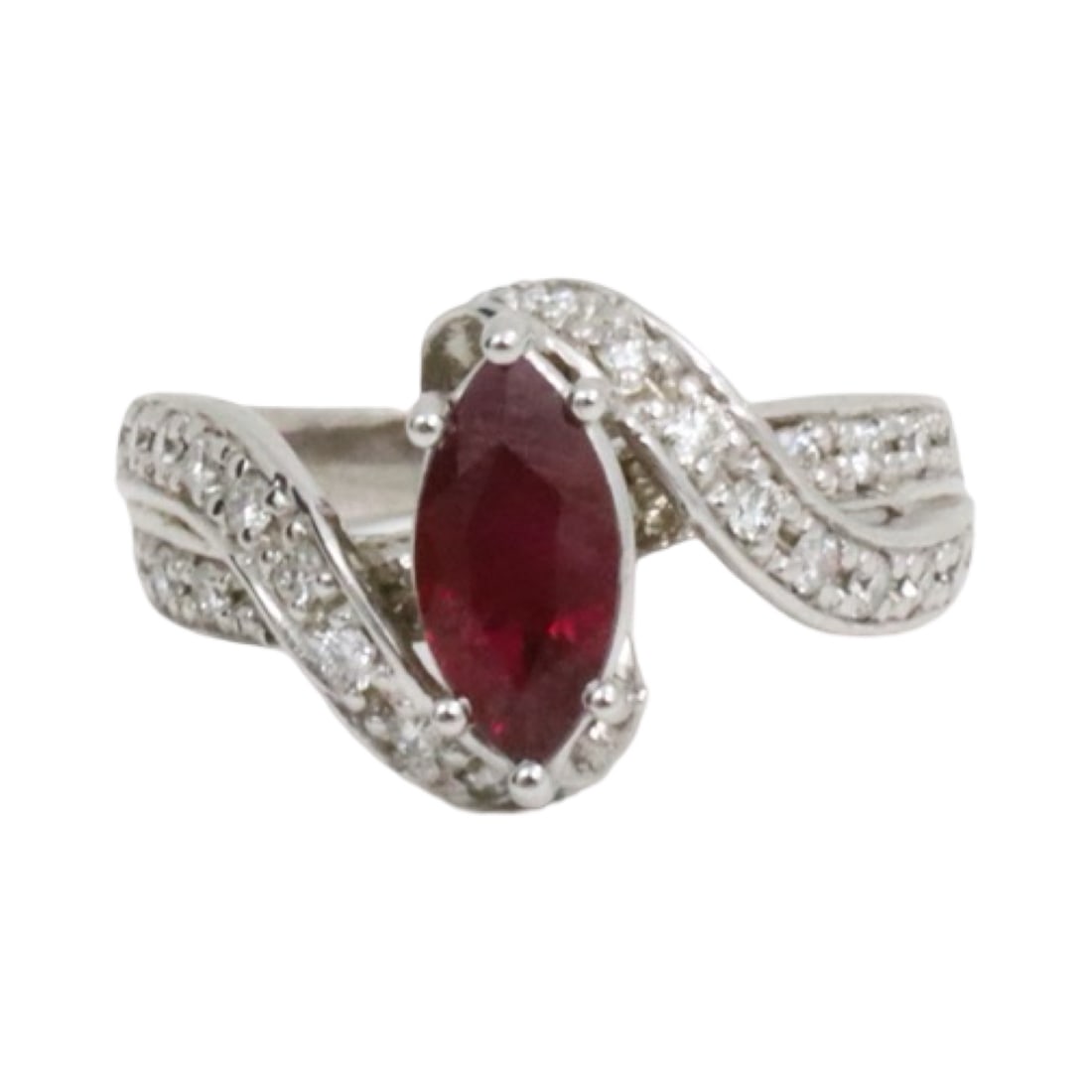 14K WHITE GOLD RUBY AND DIAMOND RING: 14k white gold ruby and diamond ring with marquise brilliant cut 1.36ct center stone surrounded by .52cts of diamonds in the band. size 6. gross weight 6.1grams. Please see all photos and appraisal. N