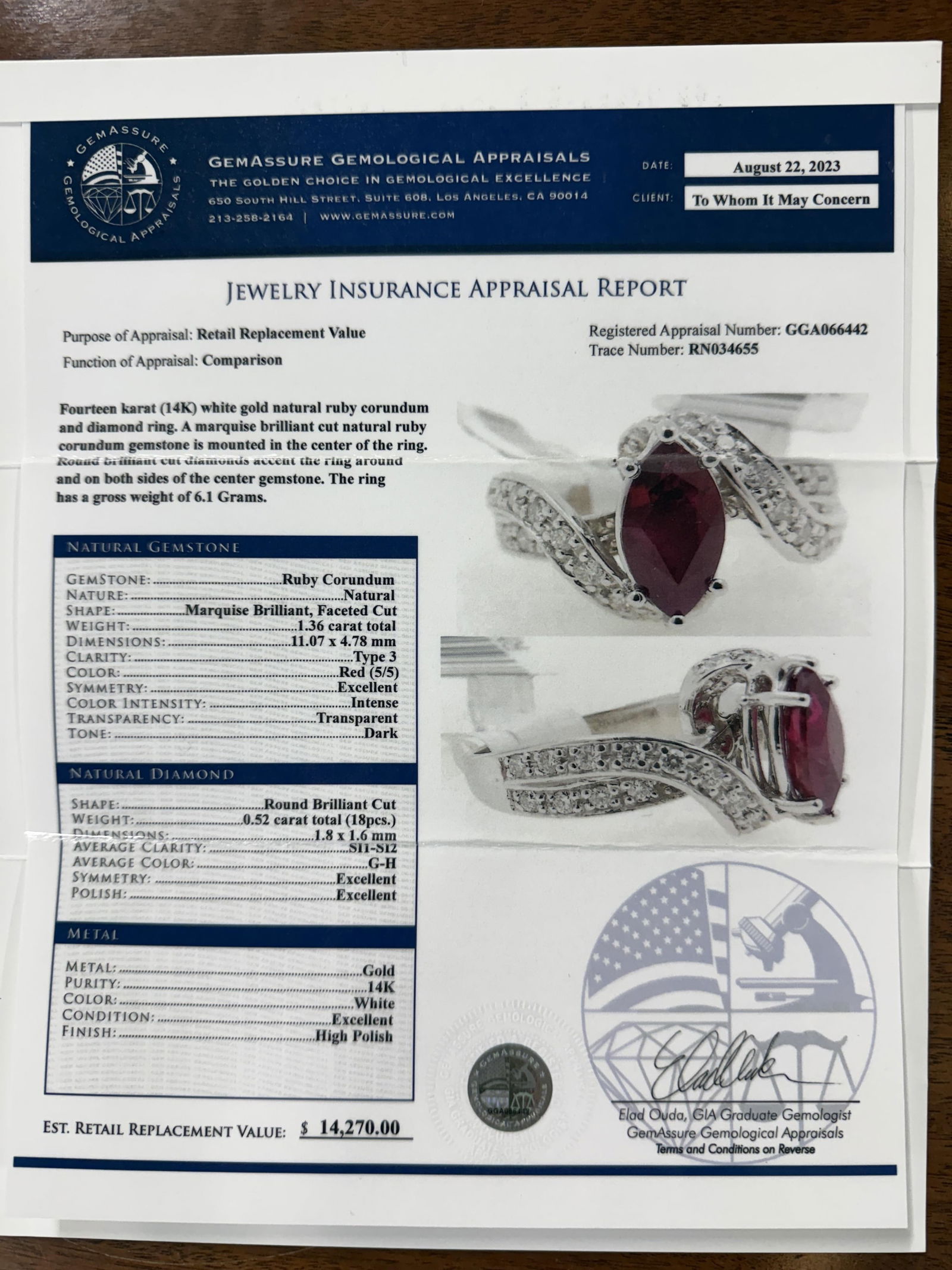 14K WHITE GOLD RUBY AND DIAMOND RING - 6