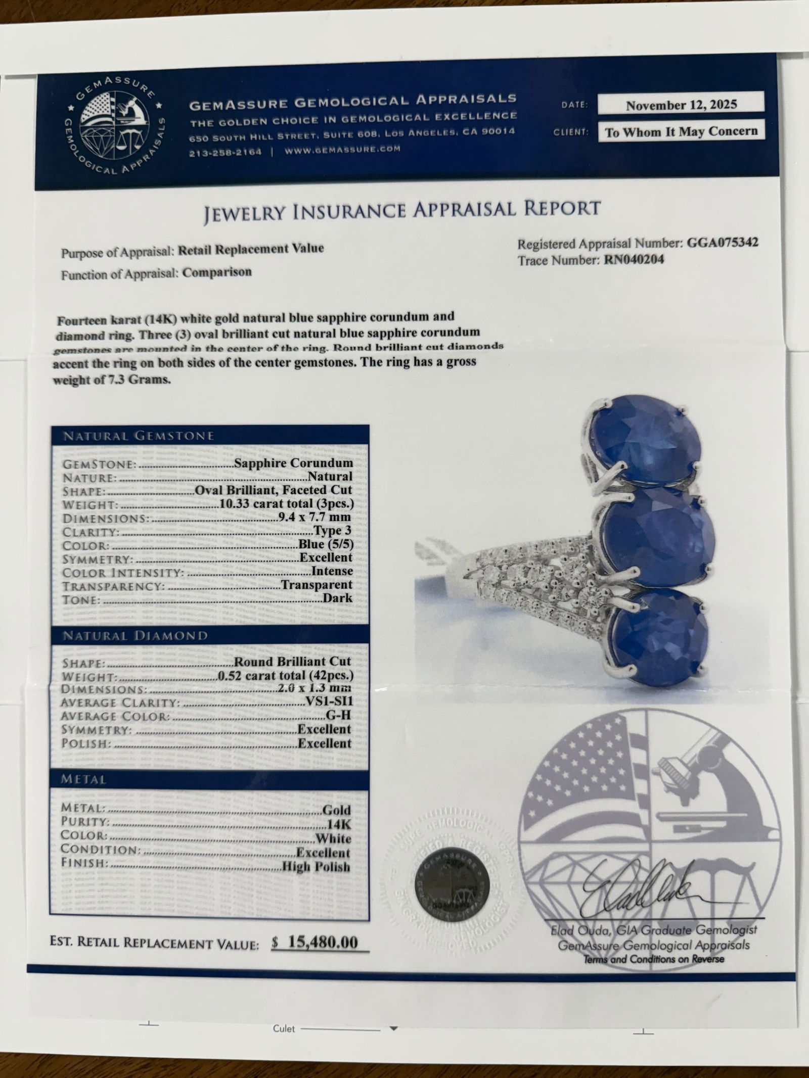 14K TRIPLE SAPPHIRE RING - 6