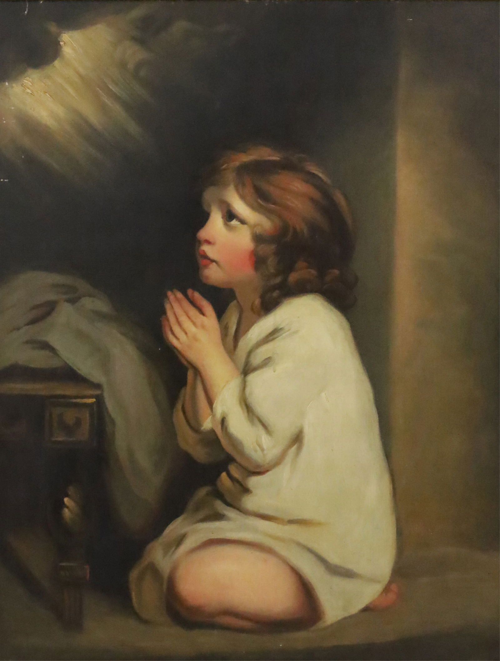 THE INFANT SAMUEL, AFTER JOSHUA REYNOLDS, 19TH C.: Oil on canvas painting depicting the young prophet Samuel, kneeling in prayer as divine light begins to illuminate him, after the famous work by Sir Joshua Reynolds, unsigned, 19th century, mounted