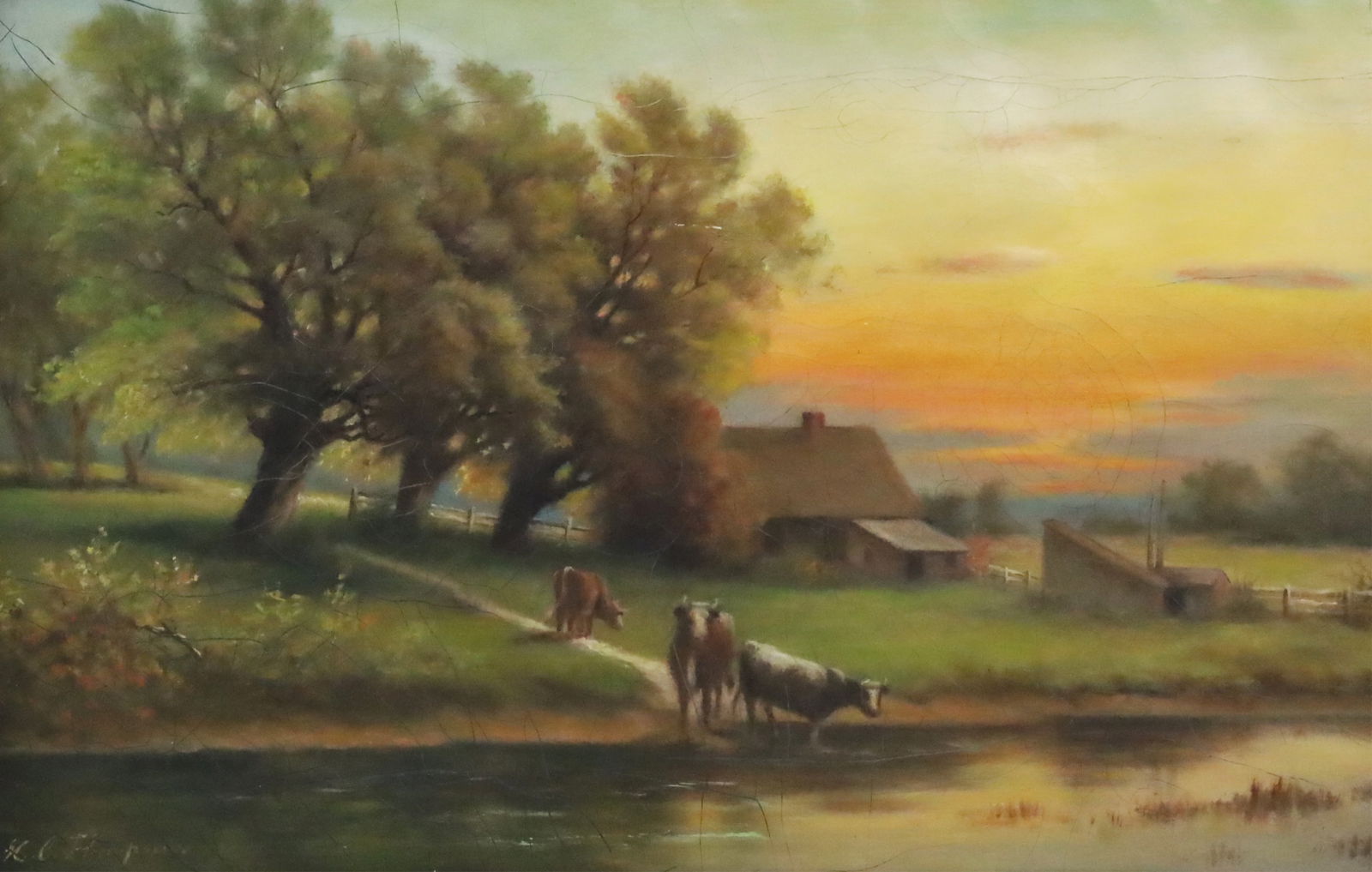 SIGNED OIL ON CANVAS PASTORAL SCENE PAINTING (1 of 4)