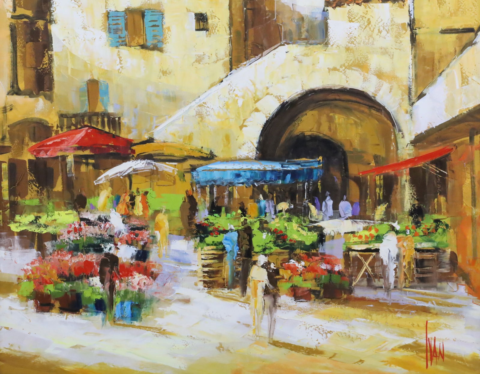 IMPRESSIONIST O/C MARKET SCENE PTG, IVAN: Impressionist oil on canvas orientalist market scene, signed Ivan lower right, 20th century; 46"H 46"W overall