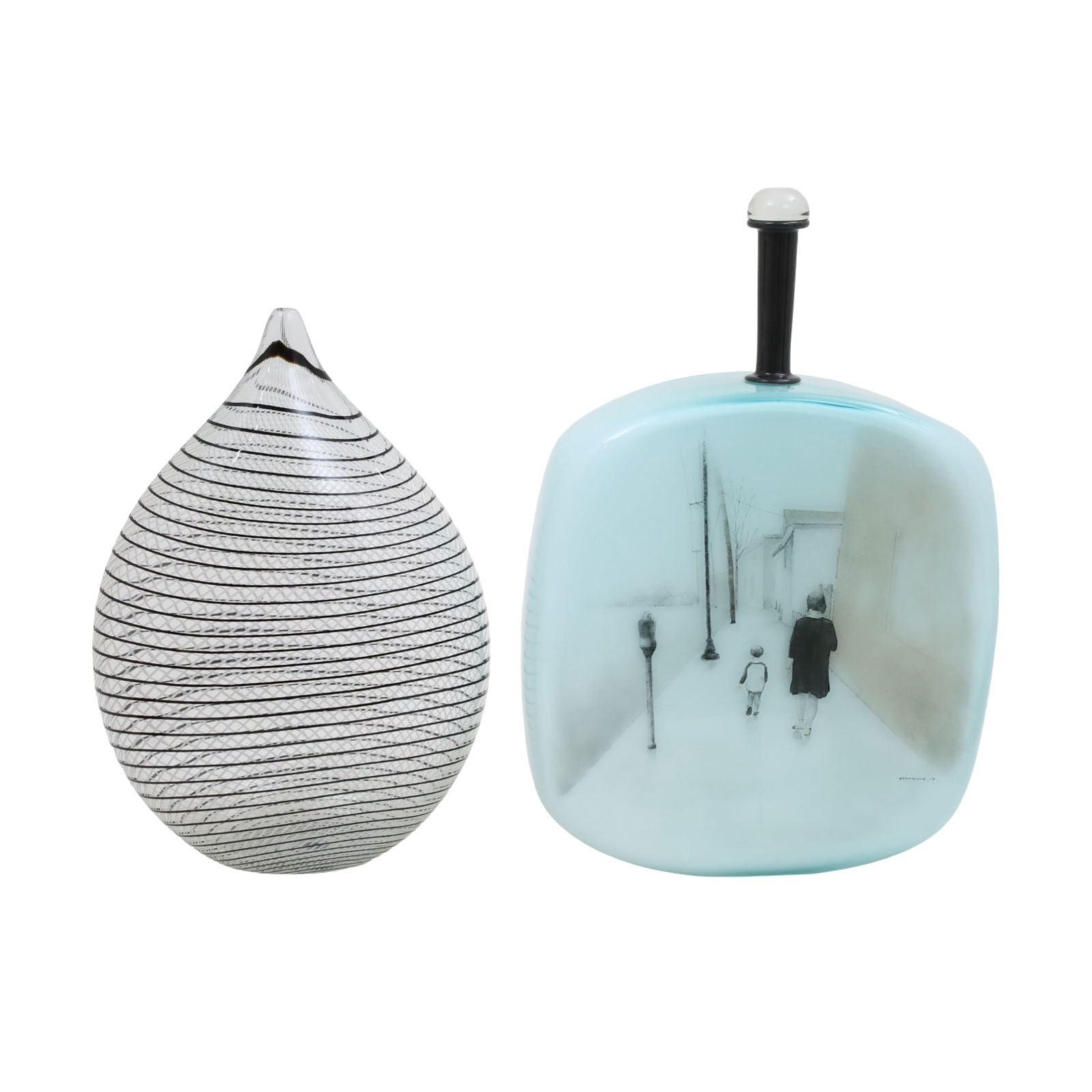 2PC LOT OF HANDBLOWN ART GLASS: Two piece lot of contempoary handblown art glass, including a Murano style vase with spiraling design, along with a vase from Korean artist Hyunsung Cho, featuring an internal, sandblasted cityscape d