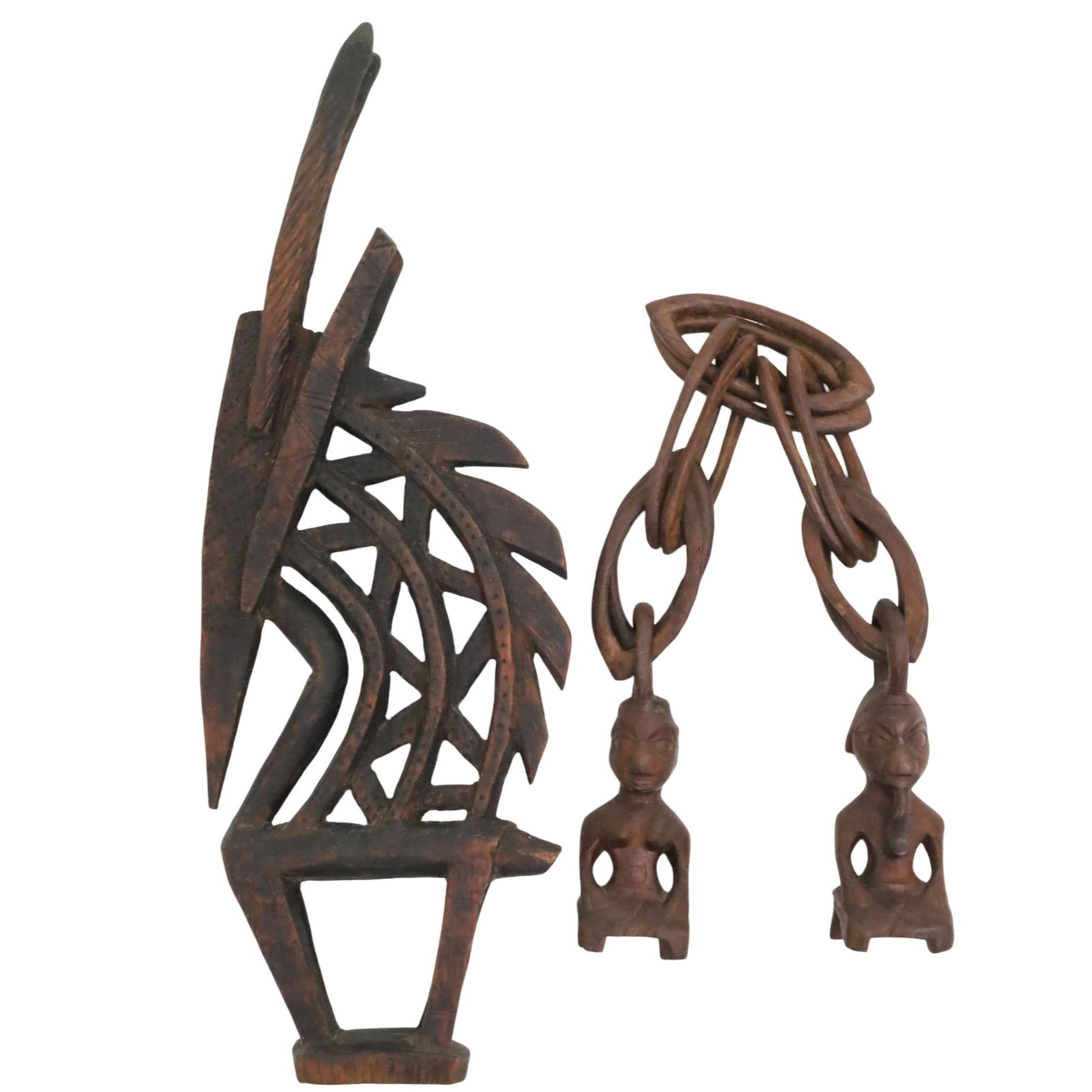 2PC LOT OF AFRICAN WOOD CARVINGS: Two piece lot of African carvings, including a carved fertility marriage chain, likely Yoruba, with ends terminating in a pair of kneeling figures, Nigerian, along with Bamana carved ebony chi wara he