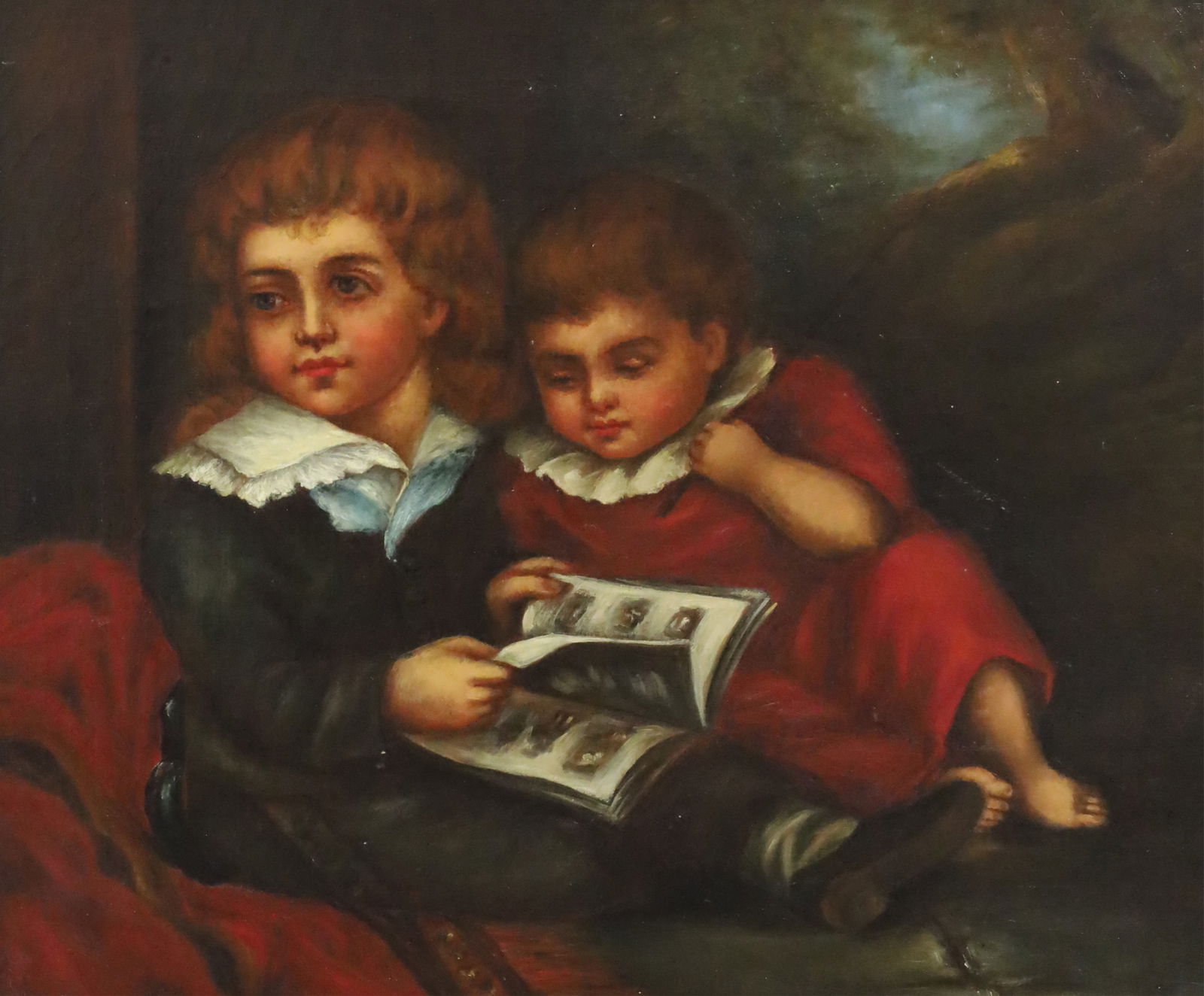 THE ARTISTS SONS, AFTER CHRISTIAN LEBERECHT VOGEL: Oil on canvas painting depicting two small children reclining with a book, a study after the work by Christian Leberecht Vogel (German, 1759-1816), unsigned, canvas marked S. Goldberg, New York on