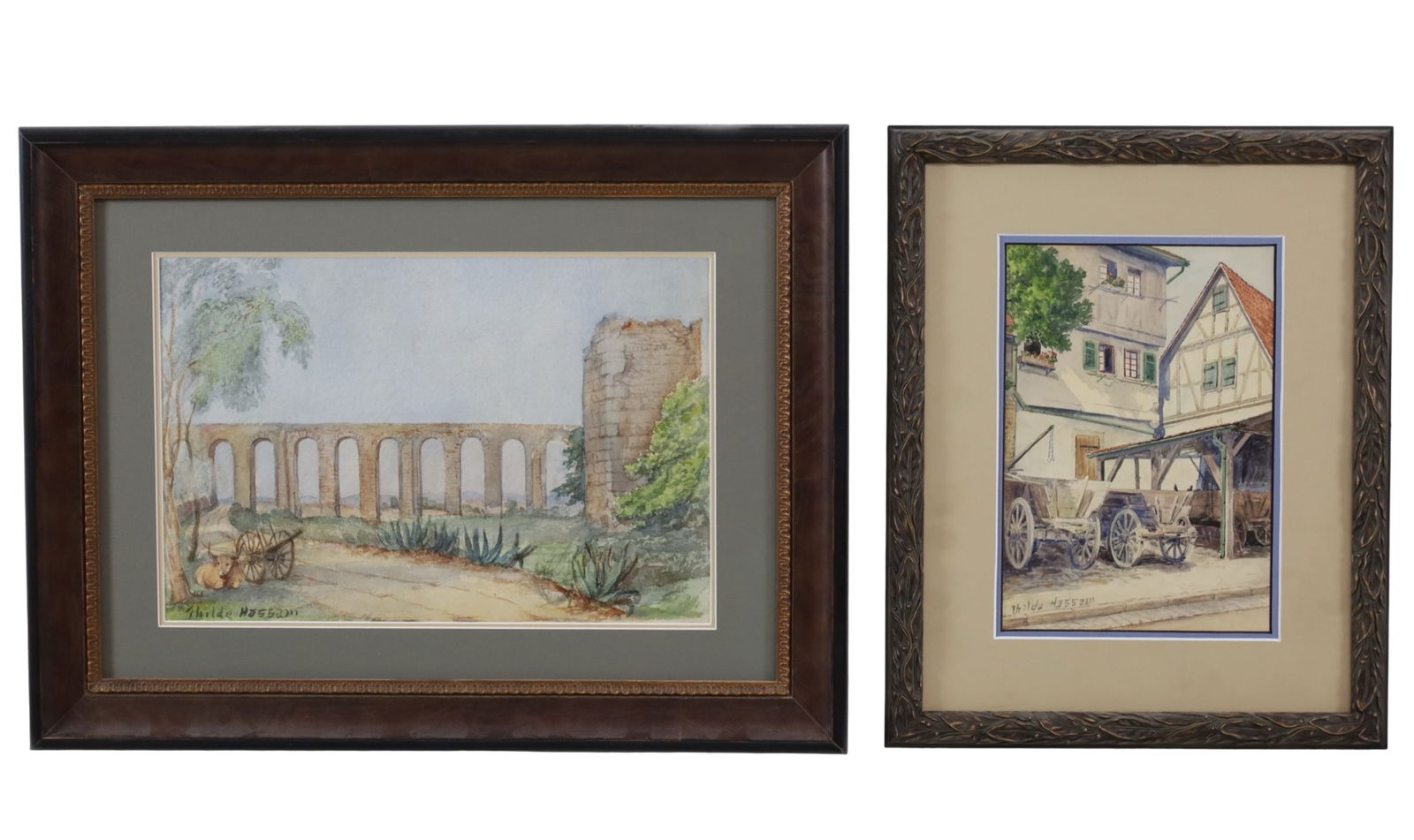 FOLLOWER OF FREDERICK CHILDE HASSAM: Two watercolors on paper, one depicting ruins in a landscape, the other a village scene, a follower of Frederick Childe Hassam, both bearing his signature lower right, matted in frame; 16"H 21"W and