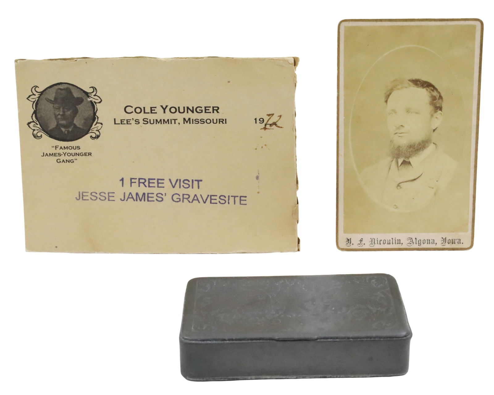 OUTLAW COLE YOUNGER COLLECTION: Three piece collection of personal items belonging to the American outlaw, gunfighter, and cofounder of the infamous James-Younger gang, Cole Younger (1844-1916), including a CDV albumen print photo c