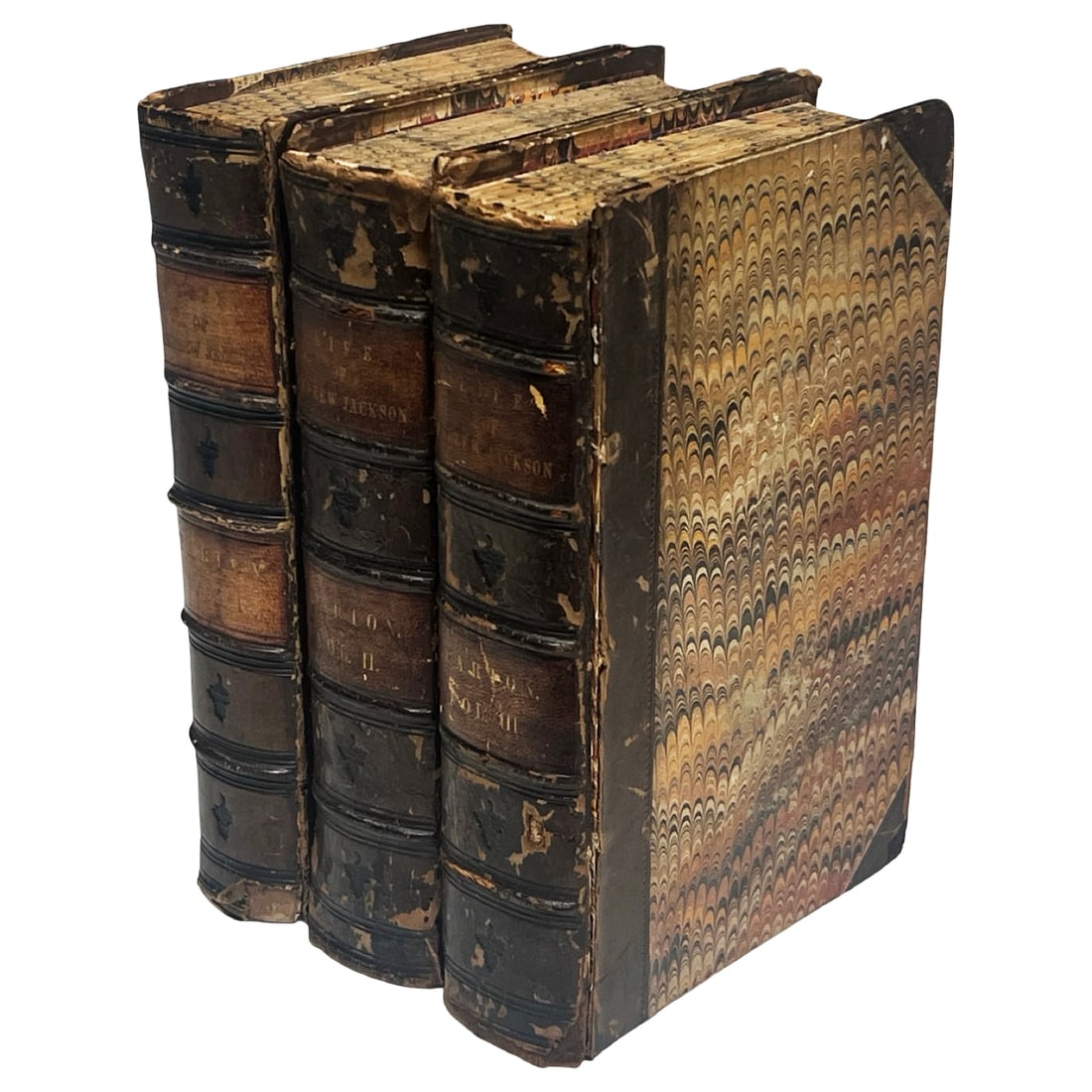 3VOL LIFE OF ANDREW JACKSON, PARTON, 1860: Three volume sequential set of leather bound books, half calf leather with marbled boards and pages, The Life of Andrew Jackson by James Parton, 1860, Mason Brothers New York; Condition: moderate wear
