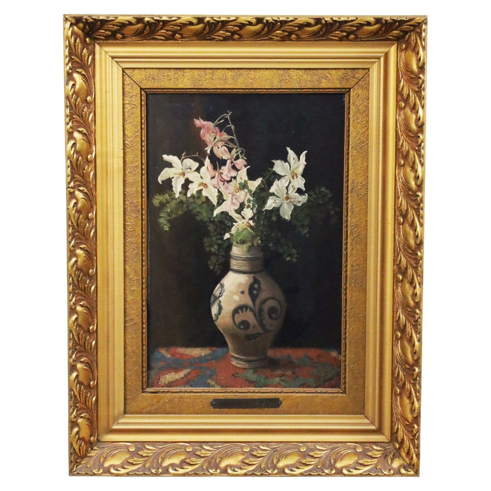 CLEMENCE MAAS, LILLIES, 19TH C.: Oil on panel stillife painting of a bouquet of lilies in an earthenware urn, resting on table adorned with a colorful tapestry, by late 19th century French artist Clemence Maas, signed lower right dat