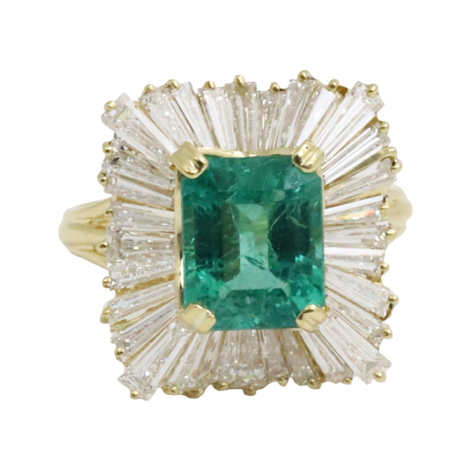 14K GIA EMERALD AND DIAMOND RING: 14K yellow gold natural emerald and diamond rig with step cut 3.43ct center stone and 3cts of VS1-VS2 baguette diamonds. size 8.5. gross weight 6.7 grams. Please see all photos, appraisal, and GIA#622