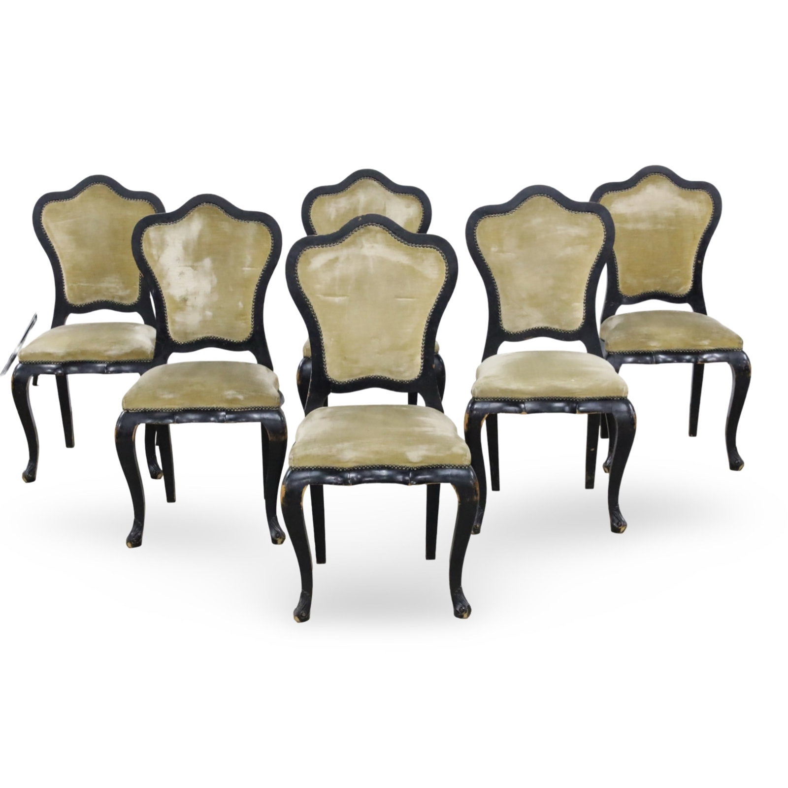 6 FRENCH DINING CHAIRS, MAISON JANSEN: Set of six Maison Jansen French style dining chairs with ebonized wood frames and velvet upholstery, early to mid 20th century; 40"H 20"W 16"D 19" seat height