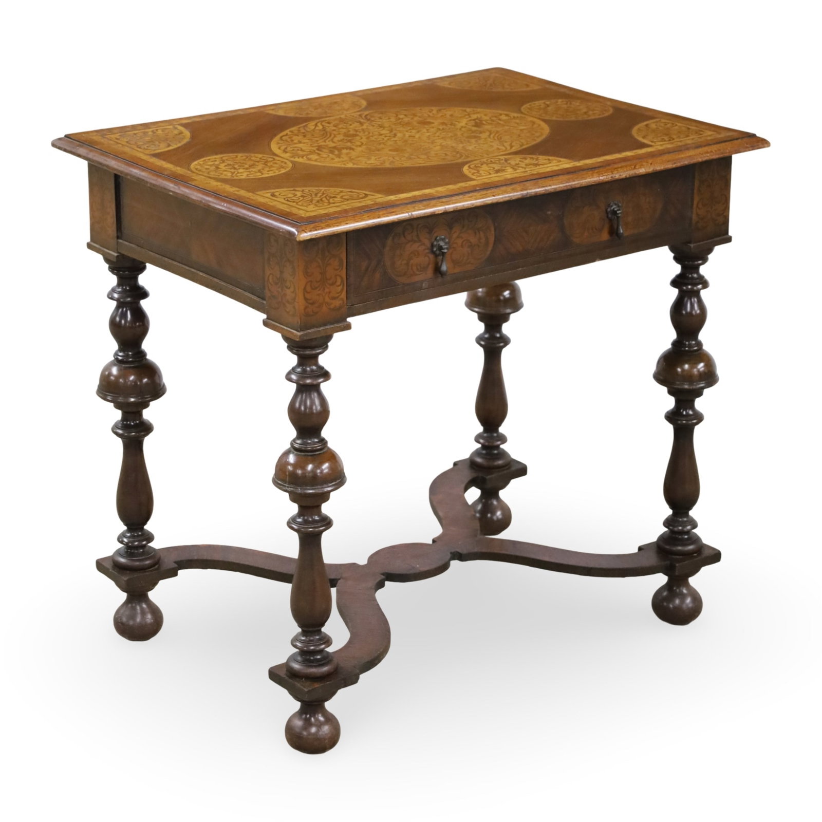 WILLIAM AND MARY SEAWEED MARQUETRY TABLE: Fine William & Mary style seaweed marquetry and walnut one drawer table resting on turned trumpet legs having bun feet with horse shoe shaped cross stretcher, late 19th C.; 28.5"H 30.5"W 22.5"D