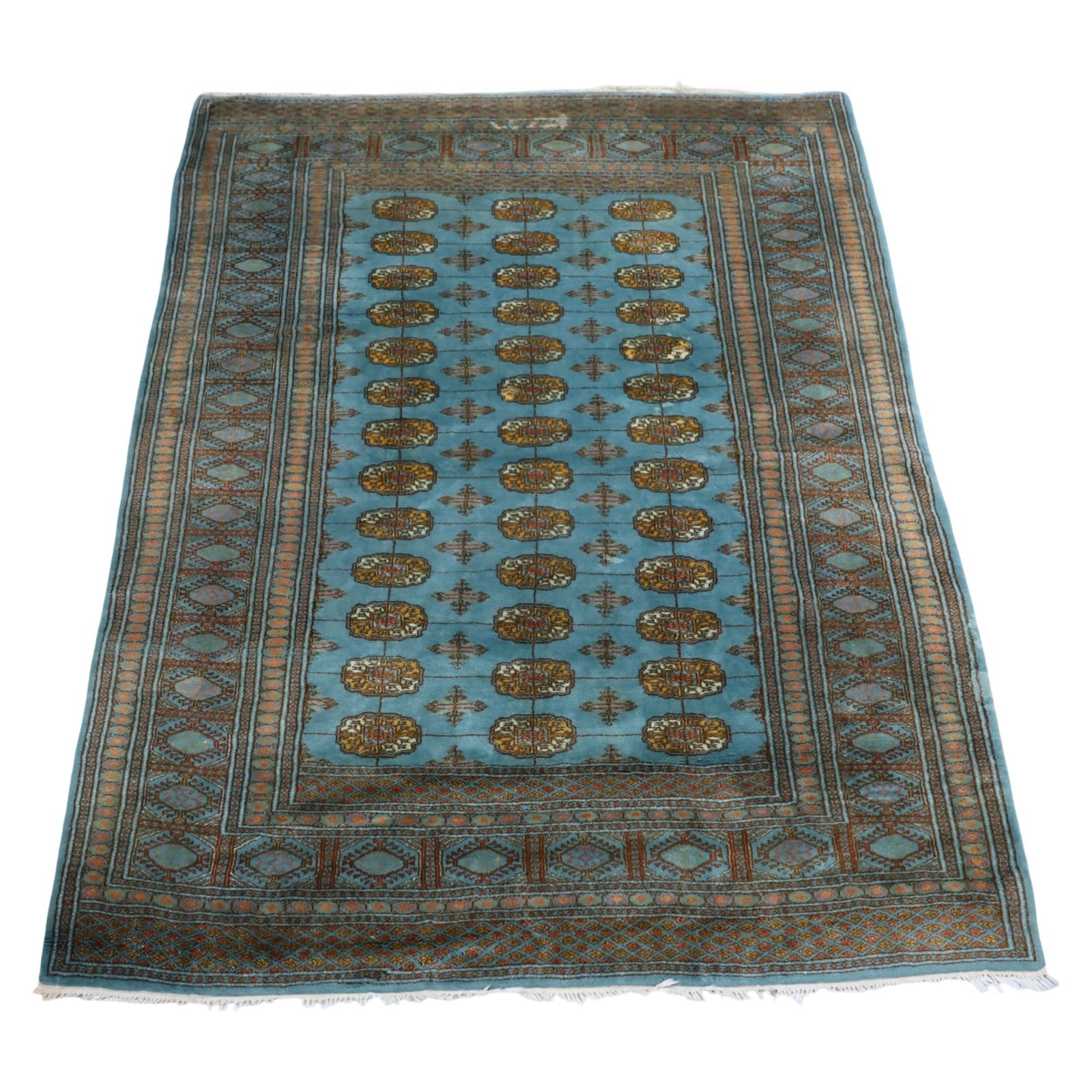 BOKARA ORIENTAL RUG 8'6 x 6'4: Handwoven Bokara rug with unusal turqoise blue field, early to mid 20th century; 8'6 x 6'4