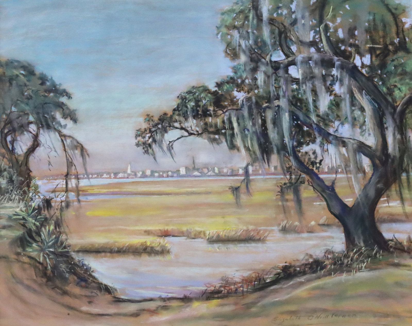 ELIZABETH O'NEILL VERNER (AMERICAN, 1883-1979): Pastel painting on silk, applied to board, by Elizabeth O'Neill Verner (Charleston, South Carolina, 1883-1979) depicting the tidal creeks of the Bay of Charleston, Spanish moss hanging from the sprawl