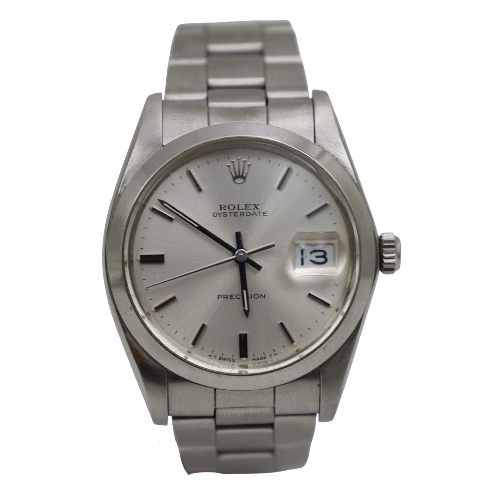 ROLEX OYSTERDATE, REF. 6694, SILVER DIAL, 1960: 1960 Rolex Oysterdate Precision stainless steel mens watch, reference number 6694, serial number 622408, 34mm case with stainless steel smooth bezel, silver dial with index hour markers, Tritium hands