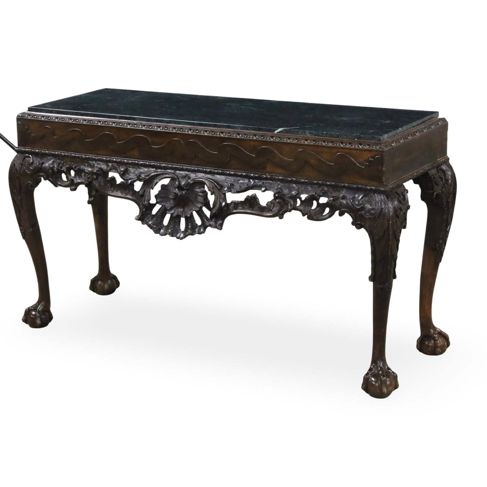 IRISH CHIPPENDALE CONSOLE TABLE, 18TH C.: Irish Chippendale marble top console table with open carved frieze, raised on cabriole legs on ball and claw feet, 18th century; 30.5"H 56"W 20"D