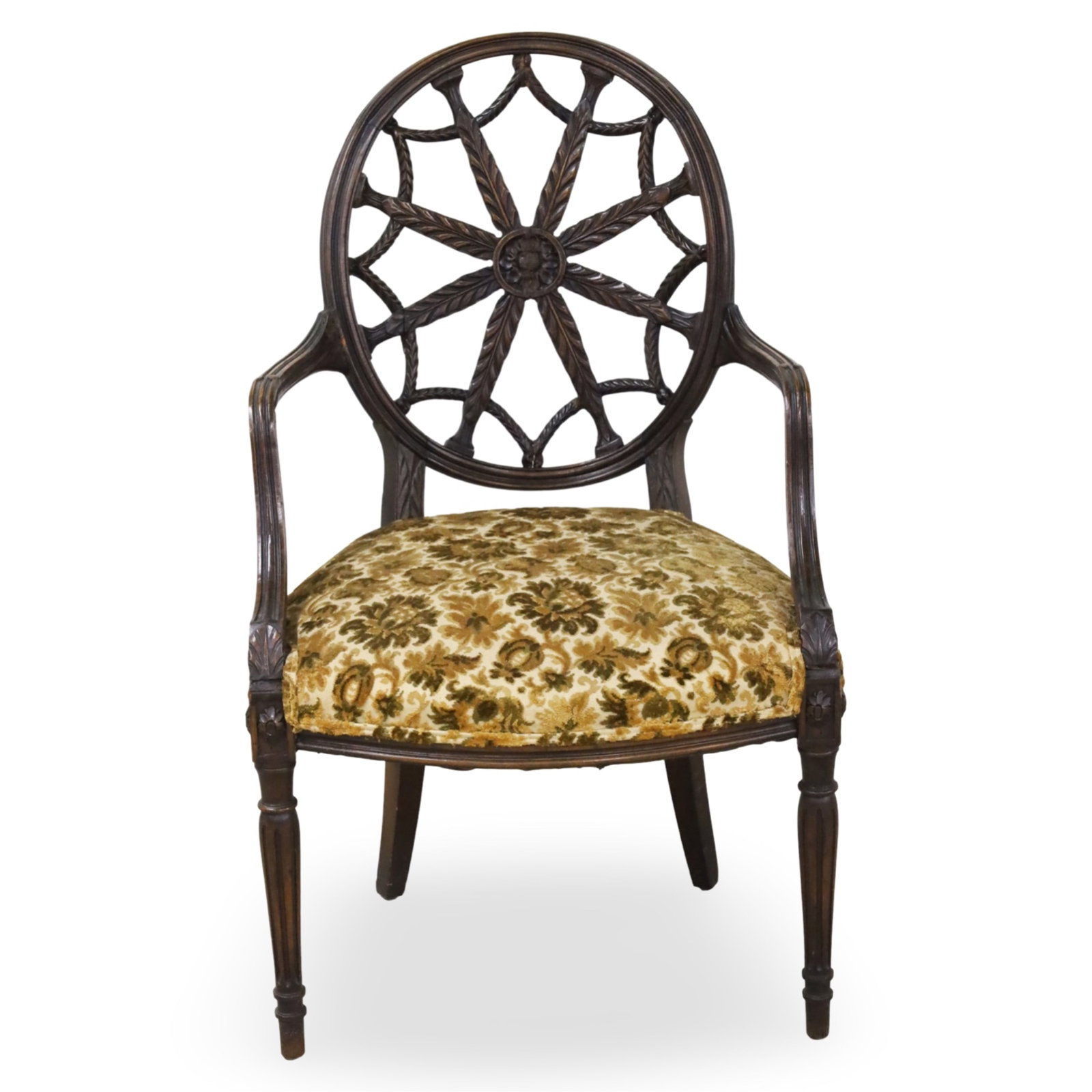 GEORGE III WHEEL BACK ARMCHAIR: Fine George III mahogany wheel back armchair, 19th century; 39"H 24"W 20"D