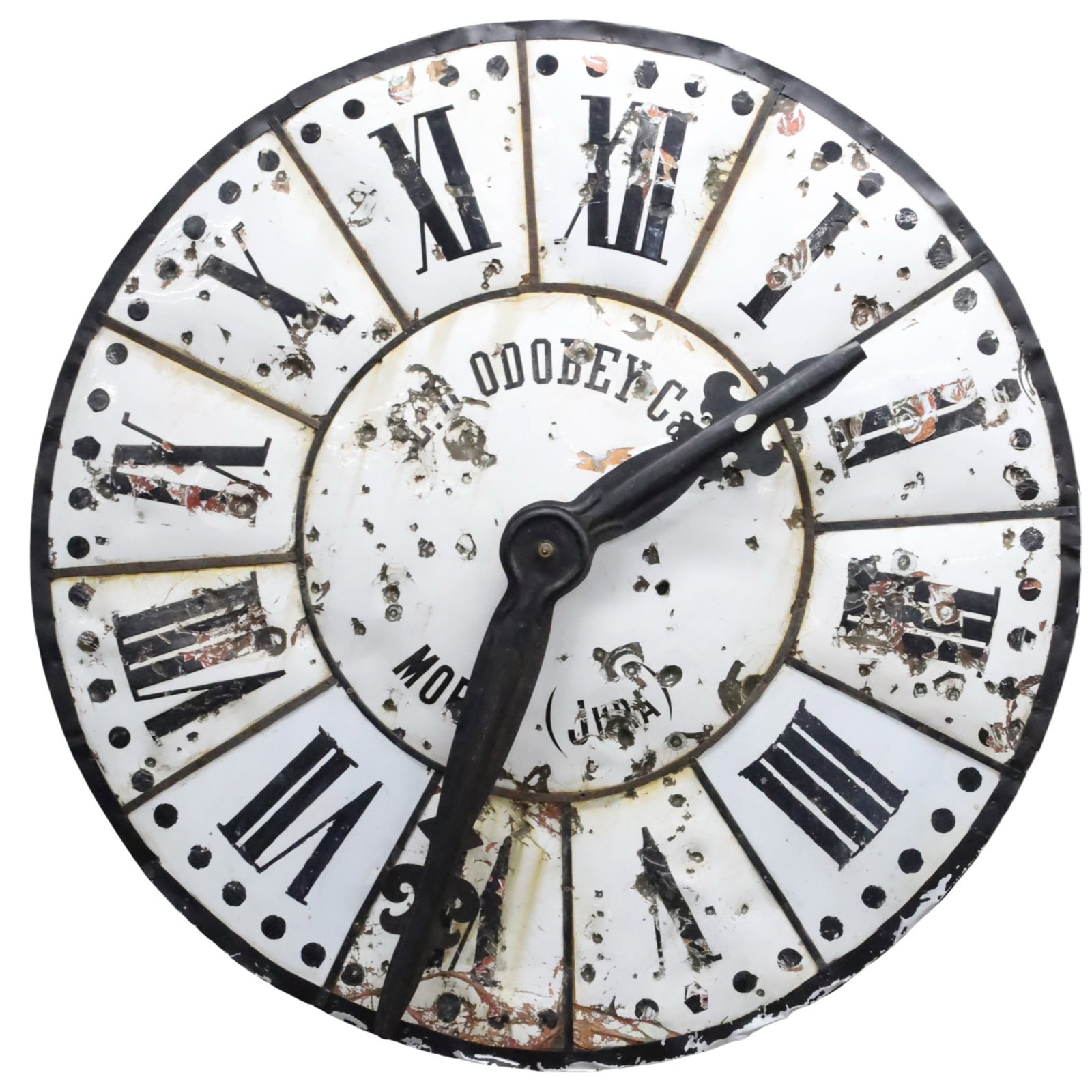 ANTIQUE FRENCH TOWER CLOCK, L.D. ODEBEY, MOREZ: Large French tower clock dial having enamel face with roman numerals, pinwheel escapement, mark of Louis-Delphin Odobey (the Cadet), Morez, late 19th century; 59" Diameter; Condition: likely a wartime