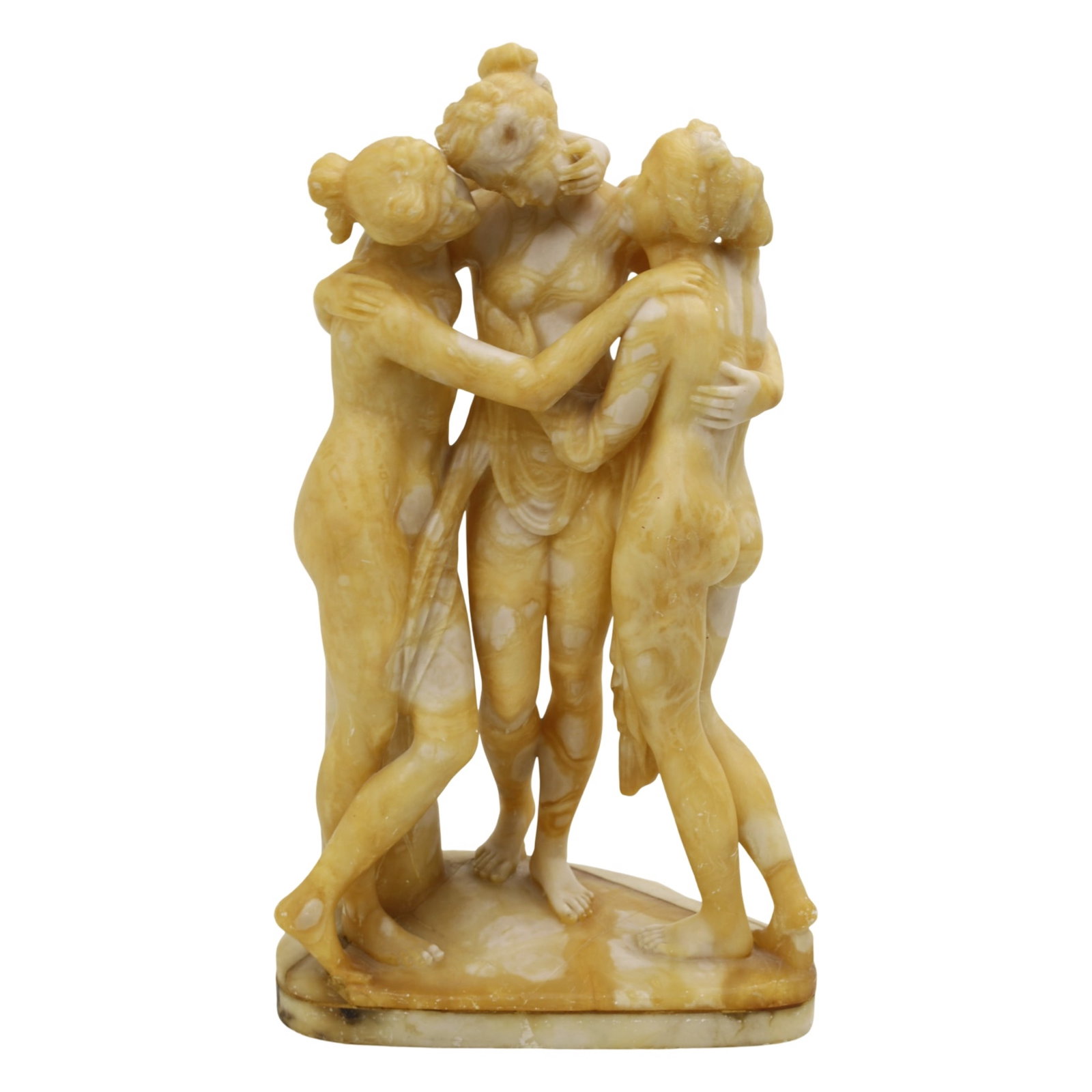 THE THREE GRACES, AFTER ANTONIO CANOVA: Wonderfully viened Italian alabaster sculpture of The Three Graces, representing the mythological Charites?daughters of Zeus who embody beauty, mirth, and elegance, after the work in marble by Neoclas