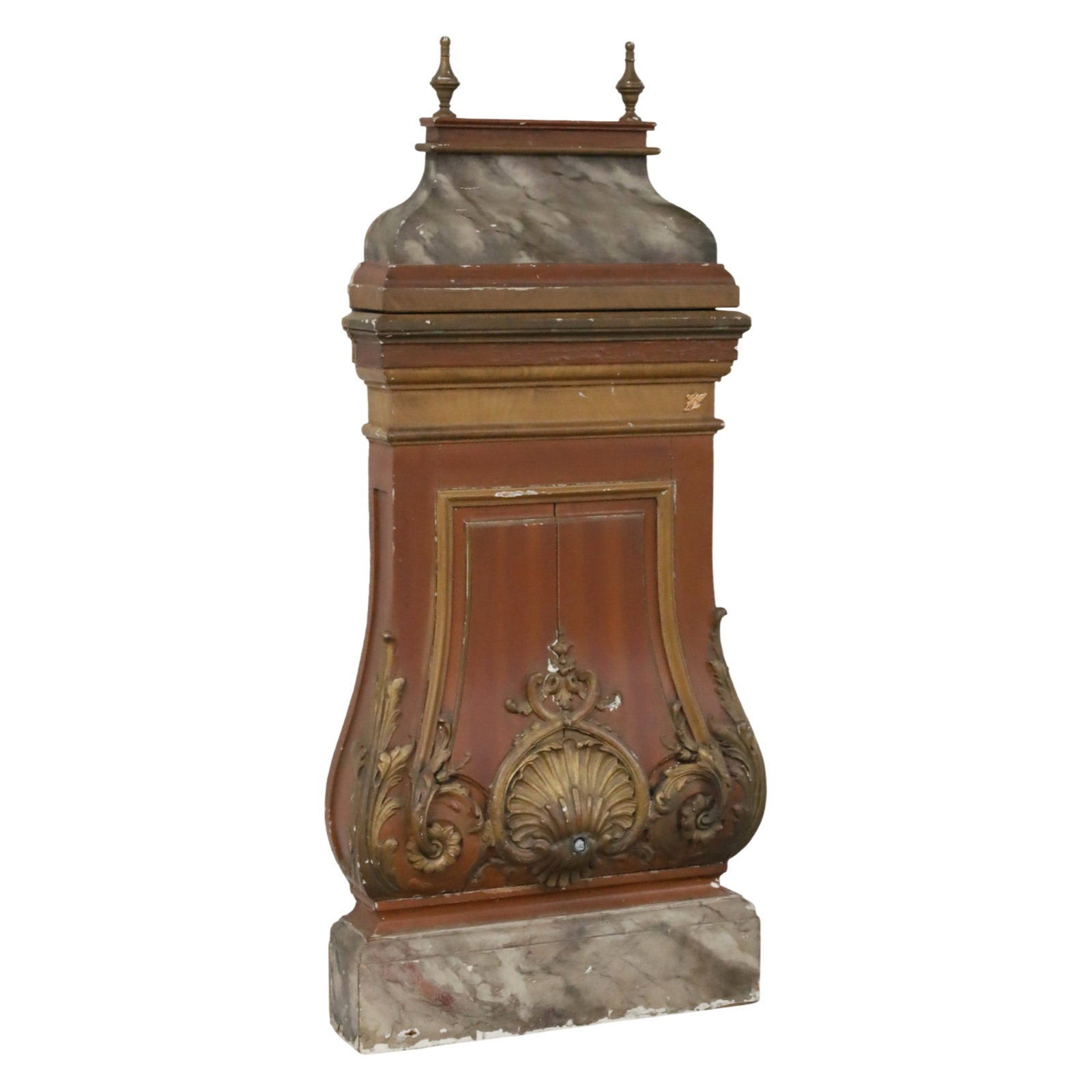 ITALIAN POLYCHROME LAVA FOUNTAIN, 19TH C.: Italian polychrome and carved wood lava fountain, the column decorated with heavy Baroque inspired shell and scrollwork, 19th century; 50"H 22"W 6"D; Condition: minor losses to gesso, spout has been r