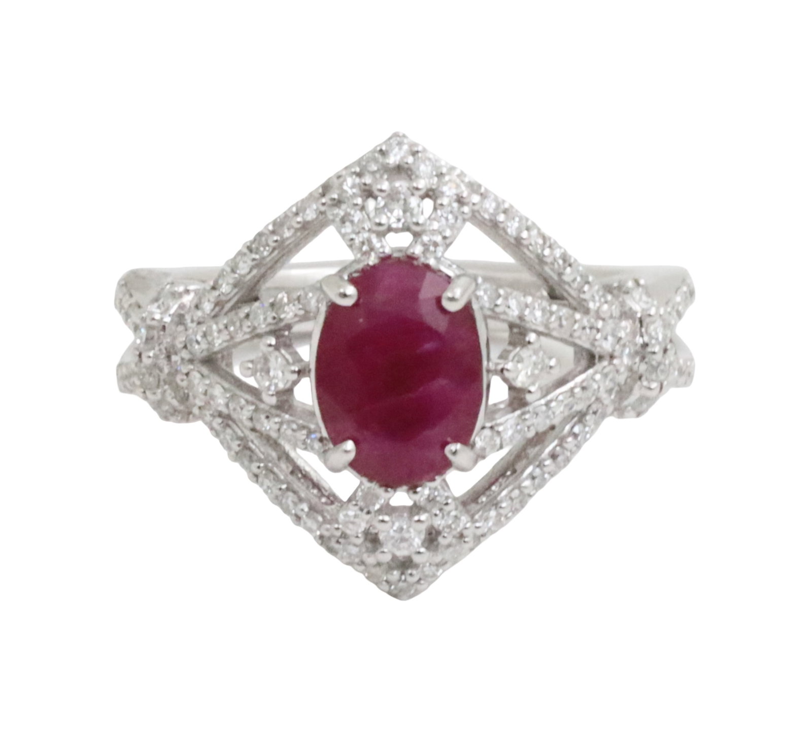 PLATINUM BURMESE RUBY AND DIAMOND RING, GIA: Platinum ring with 1 GIA certified burmese ruby center stone weighing 1.43ct, surrounded by .49cts of round brilliant diamonds. size 6.5 gross weight is 6.9 grams. Please see all photos , appraisal, a