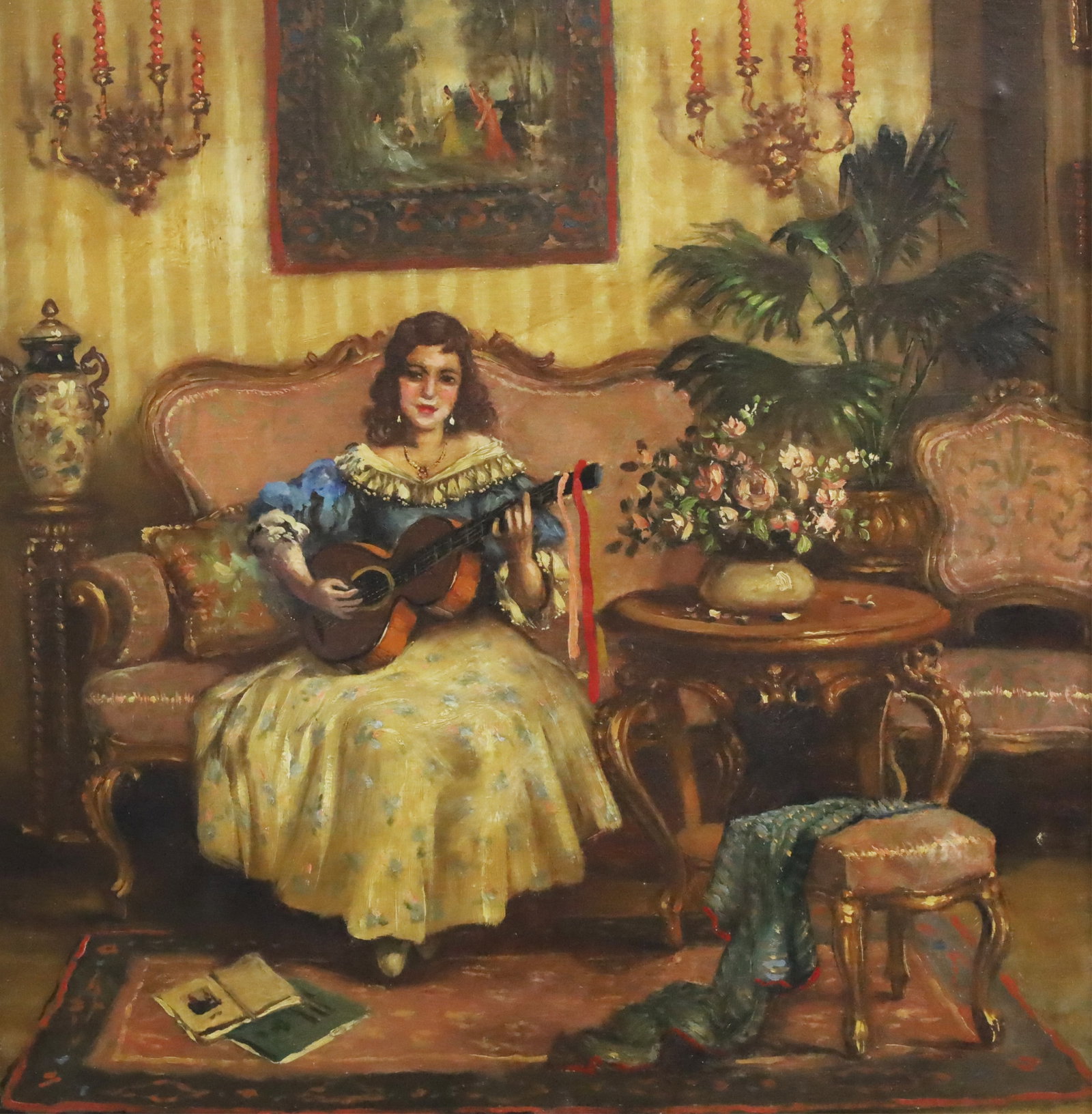 HUNGARIAN SCHOOL, MANNER OF APATFALVI: Oil on canvas interior scene painting depicting a seated young beauty playing a parlor guitar, in the manner of Hungarian artist Janos Czene Apatfalvi (1904?1984), signed in frame rabbet lower left ; 