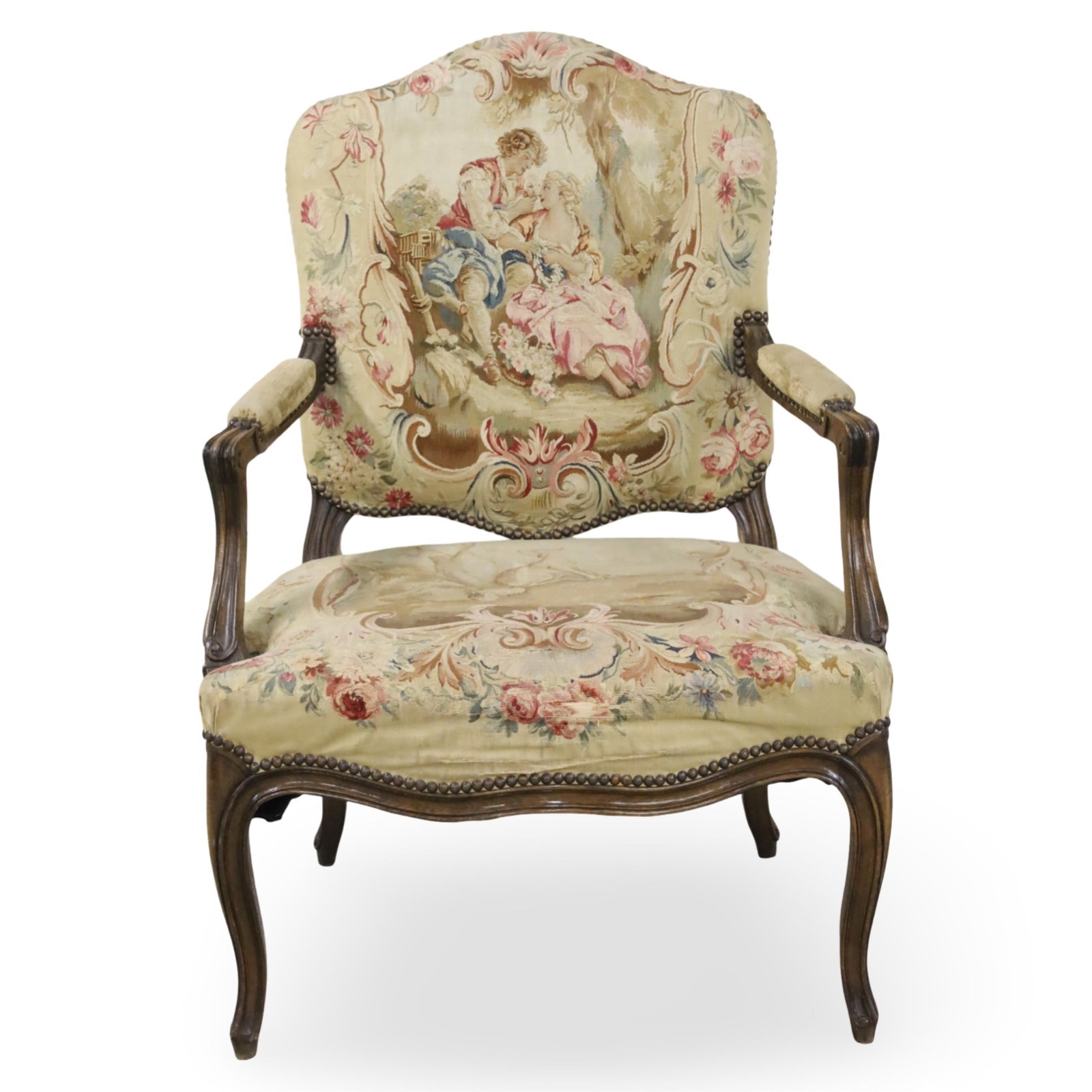 LOUIS XV STYLE WALNUT AND AUBUSSON FAUTEUIL (1 of 4)