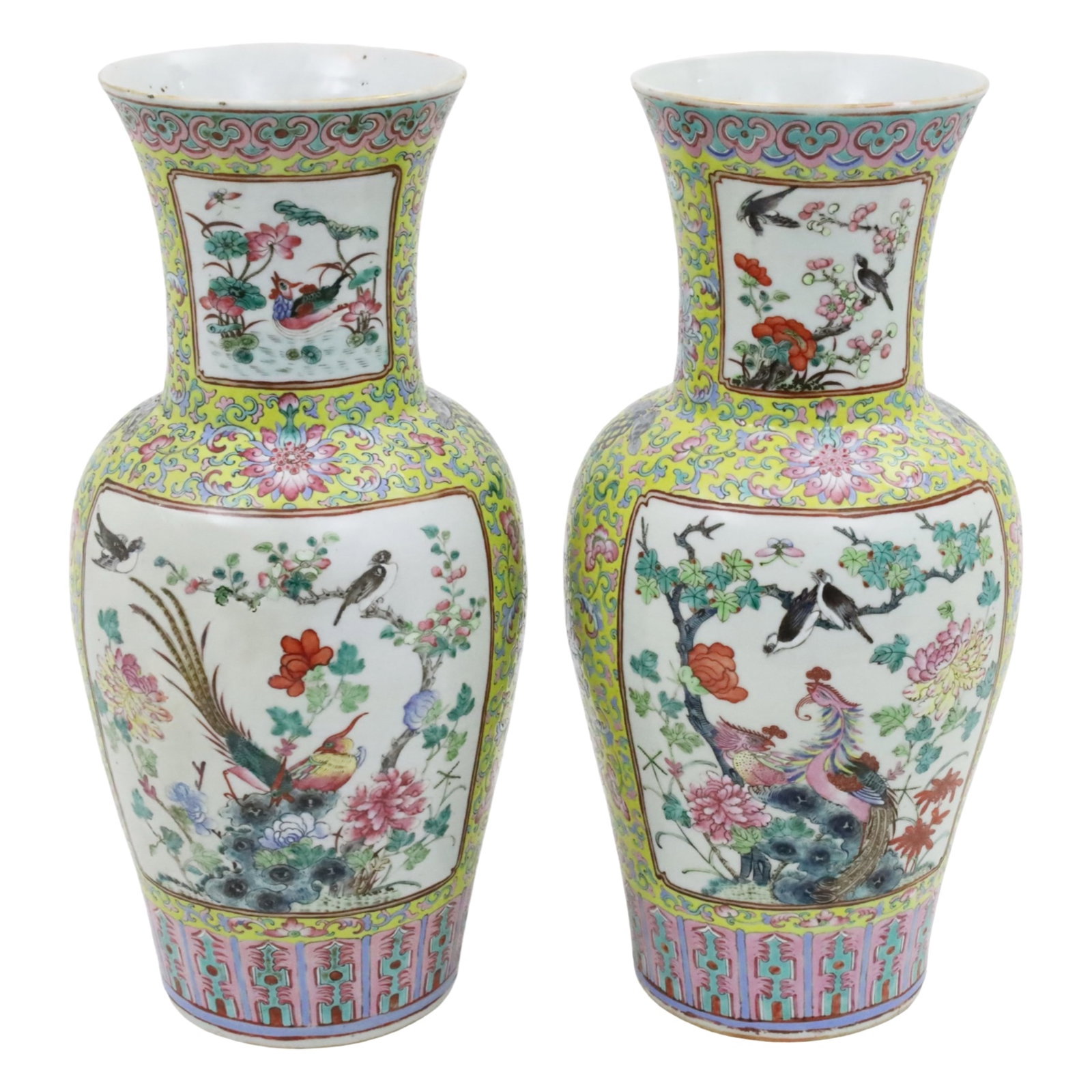 PR OF CHINESE FAMILLE JUANE VASES, LATE QING: Large pair of Chinese famille juane porcelain baluster form vases having handpainted reserve depicting exotic birds in landscapes, late Qing dynasty, early 20th century; 18"H; Condition: One vase has 